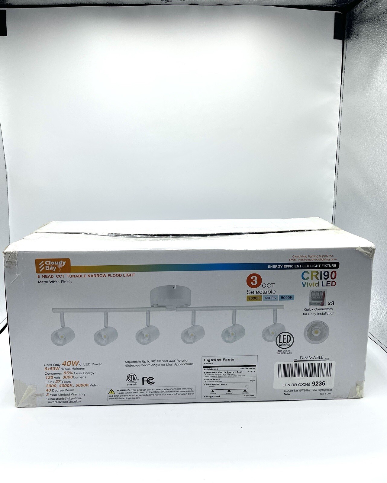 CLOUDY BAY 40W 6-Head LED Dimmable Track Light Kit,3000K/4000K/5000K Selectable