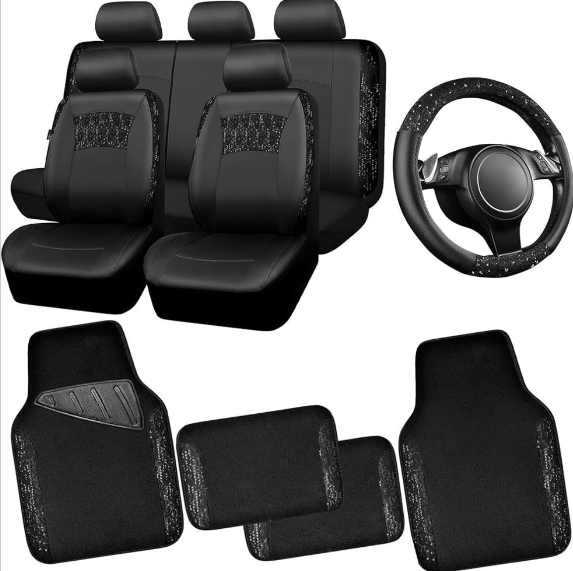CAR PASS Universal Black Leather Lace Car Seat Covers Full Set