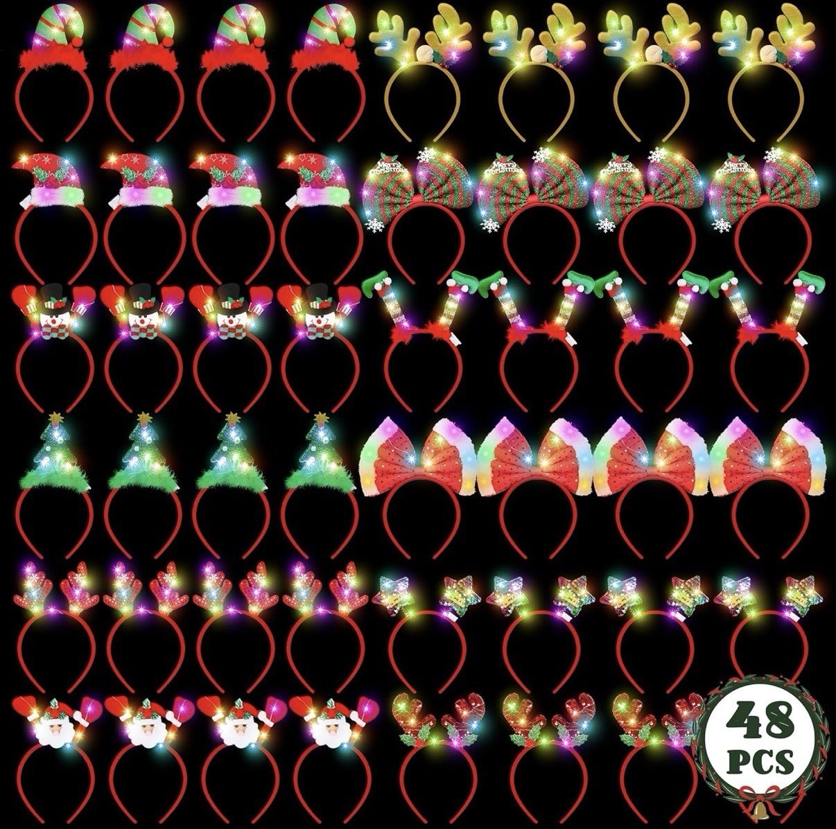 48 Pcs Christmas Light Up Headband, Reindeer Antler Santa Hat Christmas Tree Bow