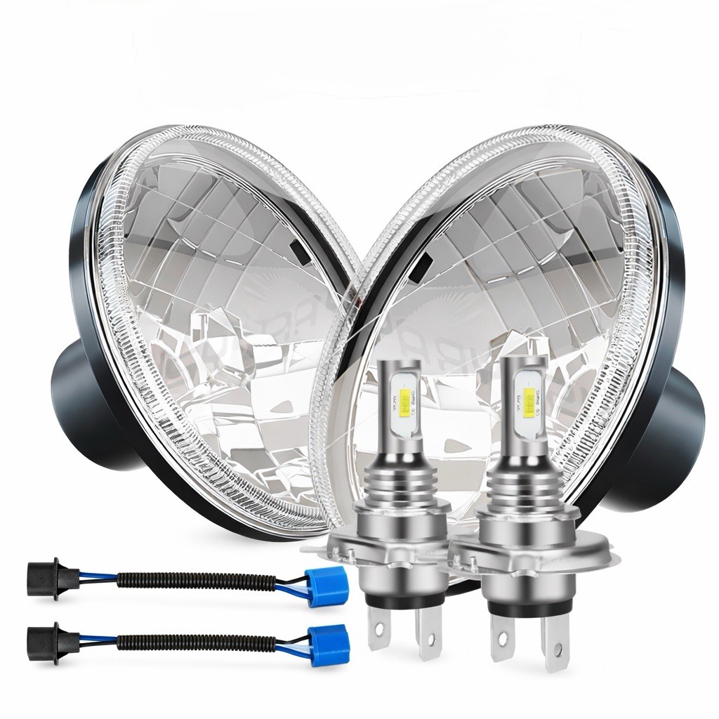 Pair 7" Round Sealed Beam Style Headlights w/ LED Bulbs & Adapters