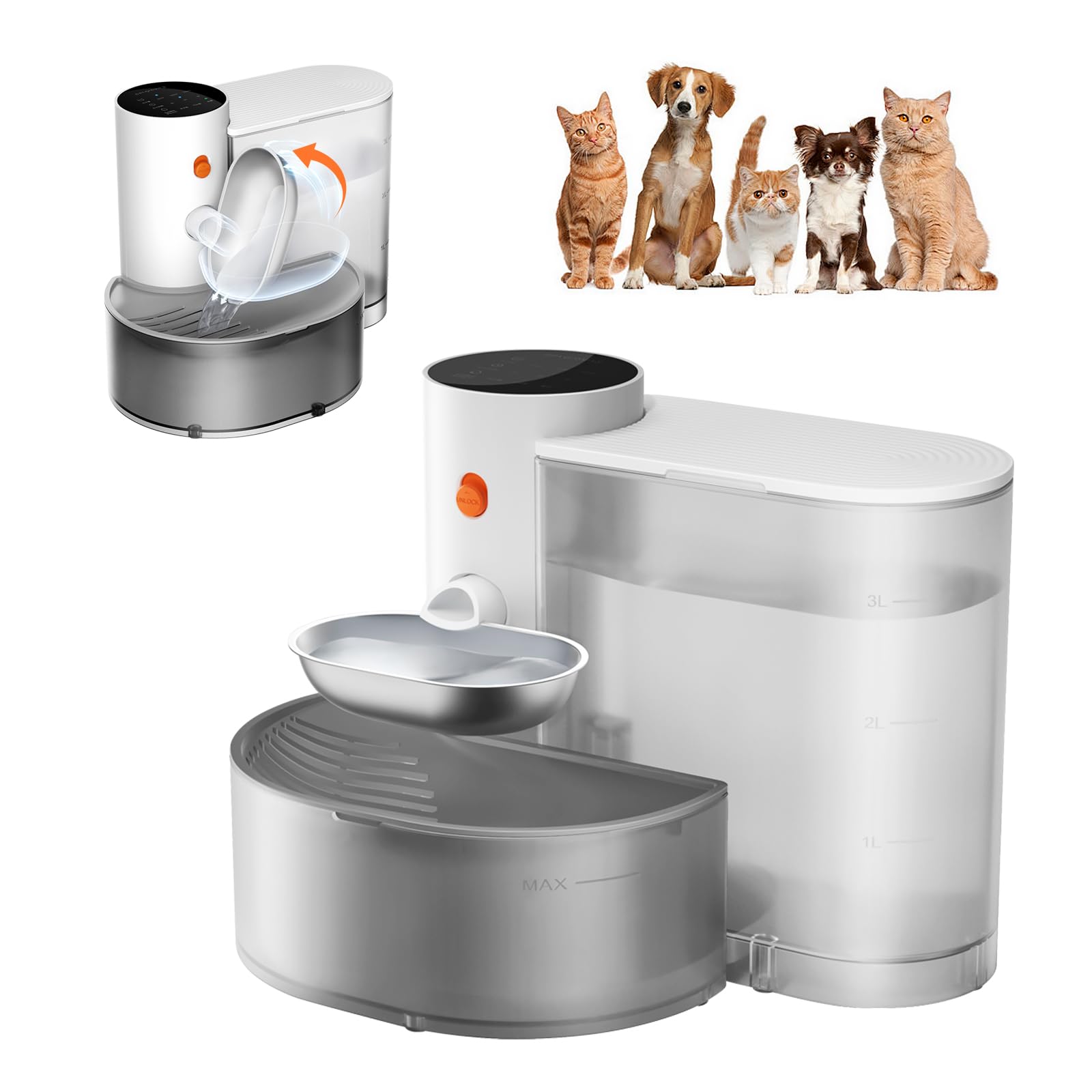Petgravity Smart Pet Water Fountain - Stainless Steel Bowl, 2025 Upgraded Automatic Water Dispenser for Cats & Small Dogs, Self-Refill Tipping Wastewater Separation, 3.5L/118.4oz