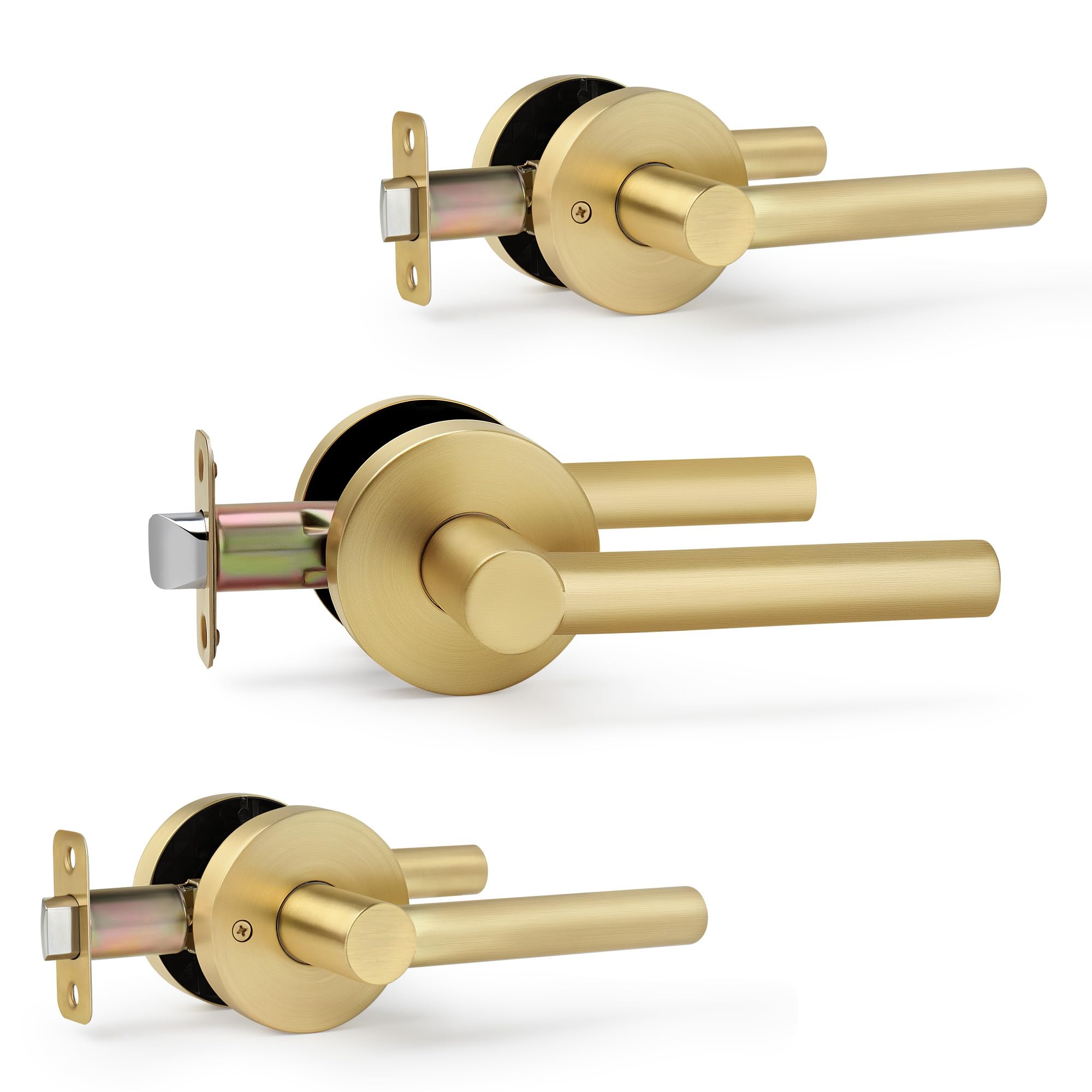 LOQRON Brushed Gold No Lock Passage Door Handle, Round Design Non-Locking Heavy Duty Door Lever with Satin Brass Finish, 3 Pack Wholesale Reversible for Left/Right Handed for Hallway and Closet Door
