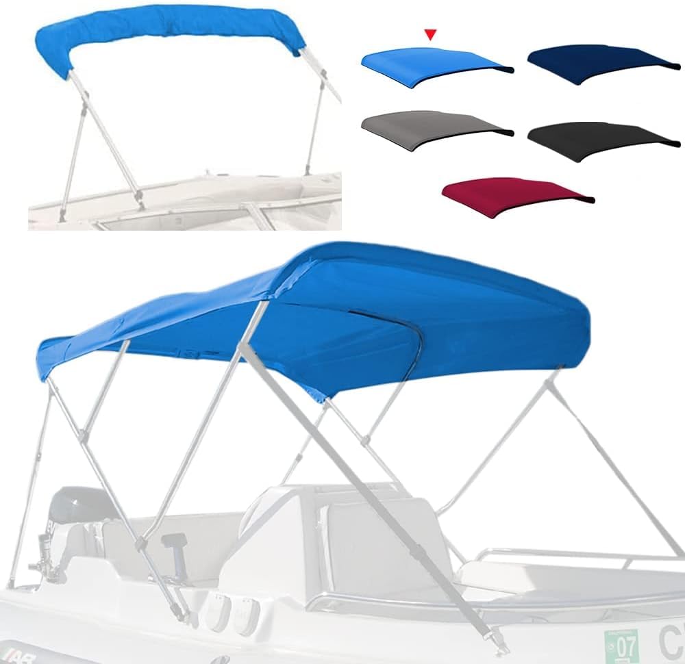 Seapisode 3 Bow Bimini Top Replacement Cover?600D Marine Grade Polyester Waterproof Sun Shade Boat Canopy?Easy Install Zipper Sleeves Boat Awning/Without Frame,Blue 6'L 79"-84" W