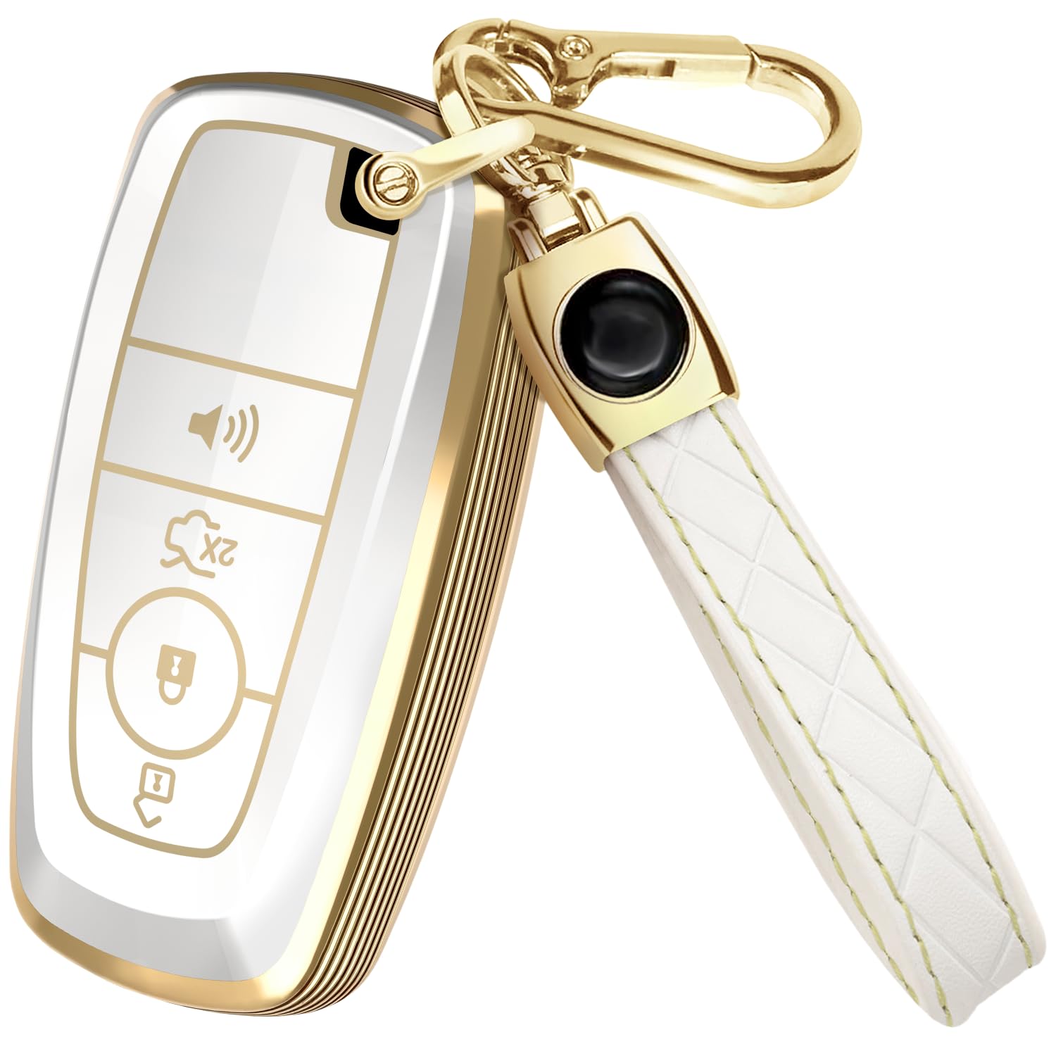 Lucrum Compatible with Ford Key Fob Cover & Leather Keychain, 4 Buttons Keyfob Case for Bronco Explorer Edge Escape Expedition Fusion Mustang (2018-2025) - White and Gold