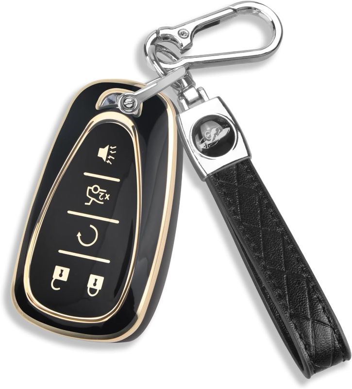 QBUC for Chevy Key Fob Cover With Keychain Gold Trim Soft TPU Protection Case Compatible with 2016-2025 Chevy Equinox Malibu Camaro Blazer Traverse Trailblazer Trax 5-Buttons(Gold Trim Black)
