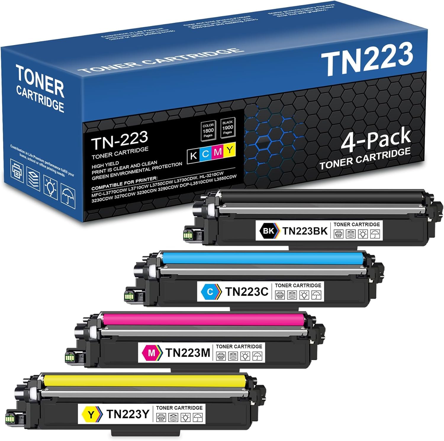 TN223 TN-223BK/C/M/Y Toner Cartridges 4 Pack Replacement for Brother TN-223 TN223BK/C/M/Y Toner HL-L3290CDW MFC-L3750CDW Printer Toner, TN2234PK (TN223BK, TN223C, TN223M, TN223Y)