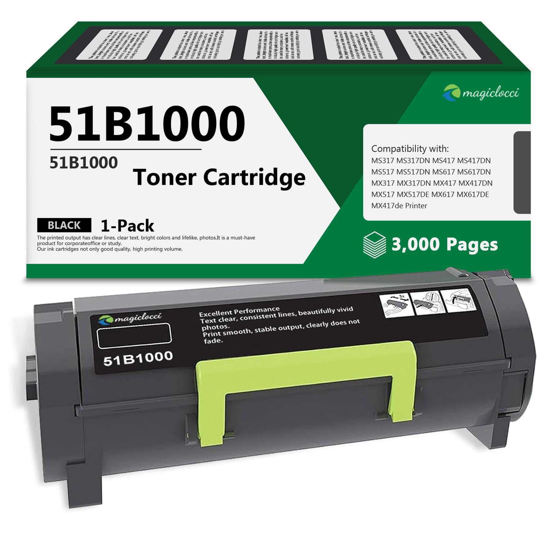 51B1000 Black High Yield Toner Cartridge (1-Pack, 3,000 Pages) Compatible Replacement for Lexmark 51B1000 Toner Cartridge Work for MS317dn MS417dn MS517dn MS617dn MX317dn Printer