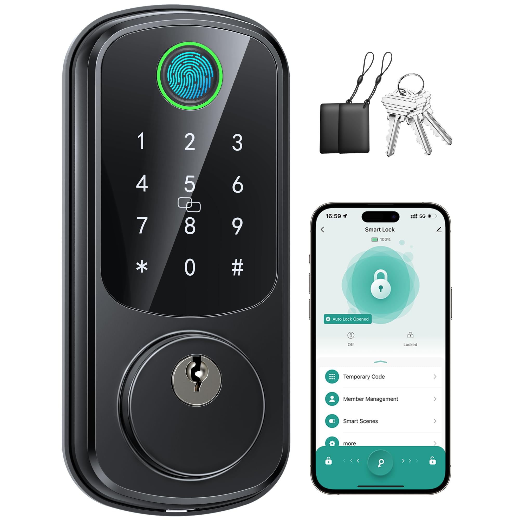 Smart Locks for Front Door, Fingerprint Keyless Entry Door Lock with Security Smart Deadbolt and Touchscreen Keypad, App Control, Auto Lock, Easy Install, Matte Black, (2025 Upgrade)