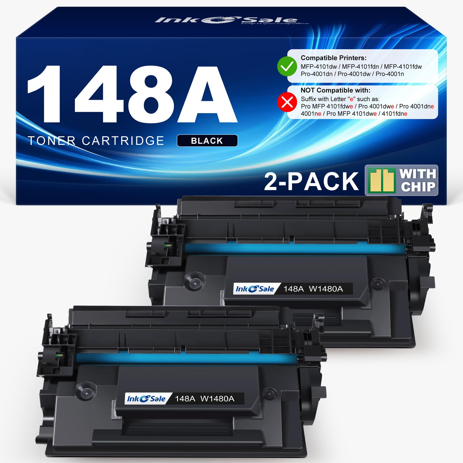 INK E-SALE 148A Toner Cartridge Black (with Chip) Compatible Replacement for HP 148A 148X W1480A W1480X for HP Laserjet Pro MFP 4101fdw 4101fdn 4001dw 4001dn 4001n Printer (2 Pack)