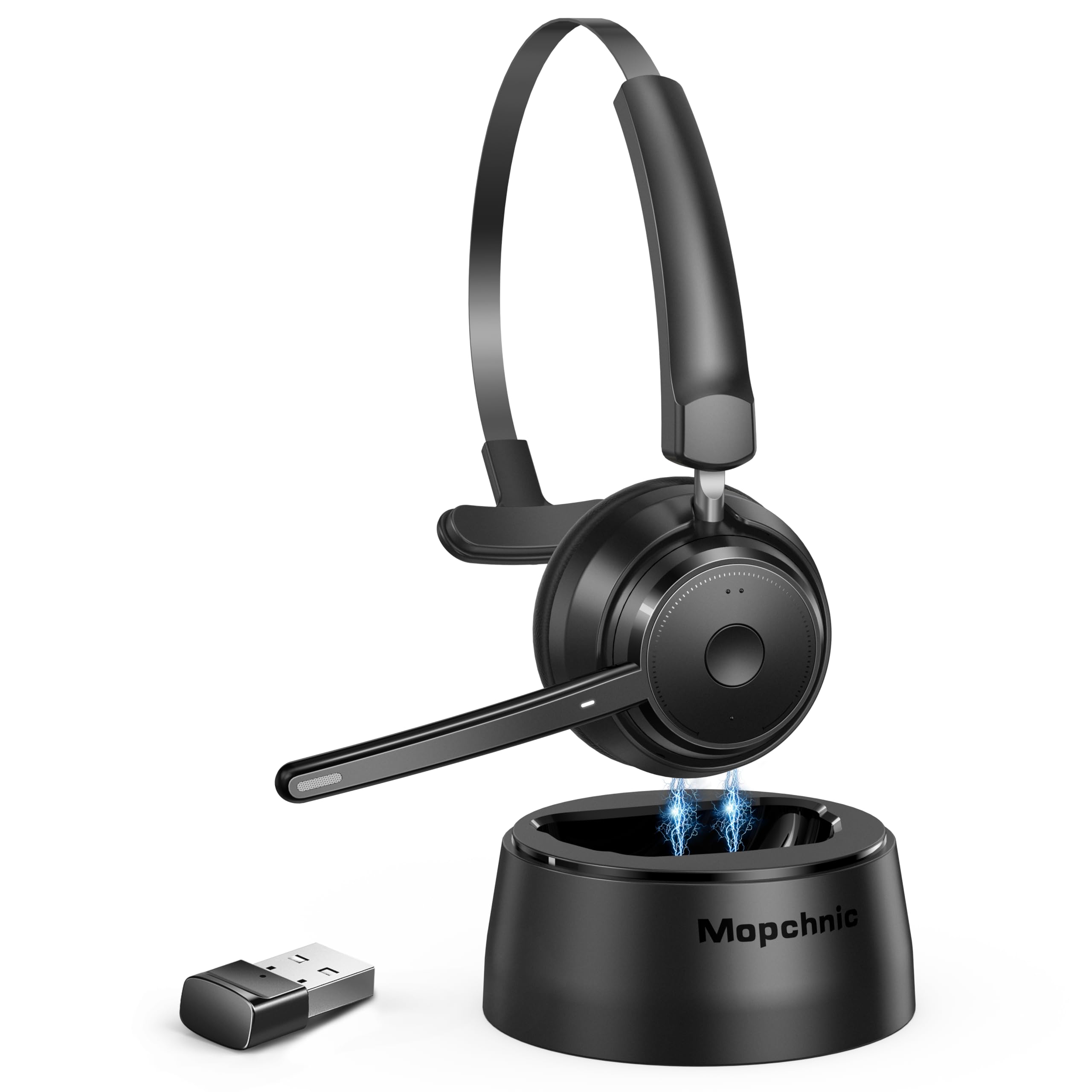 Mopchnic Bluetooth Headset, Wireless Headphone with Microphone, On Ear Bluetooth with USB Dongle for Office Call Center Skype Zoom Meeting Online Class (KH113M)