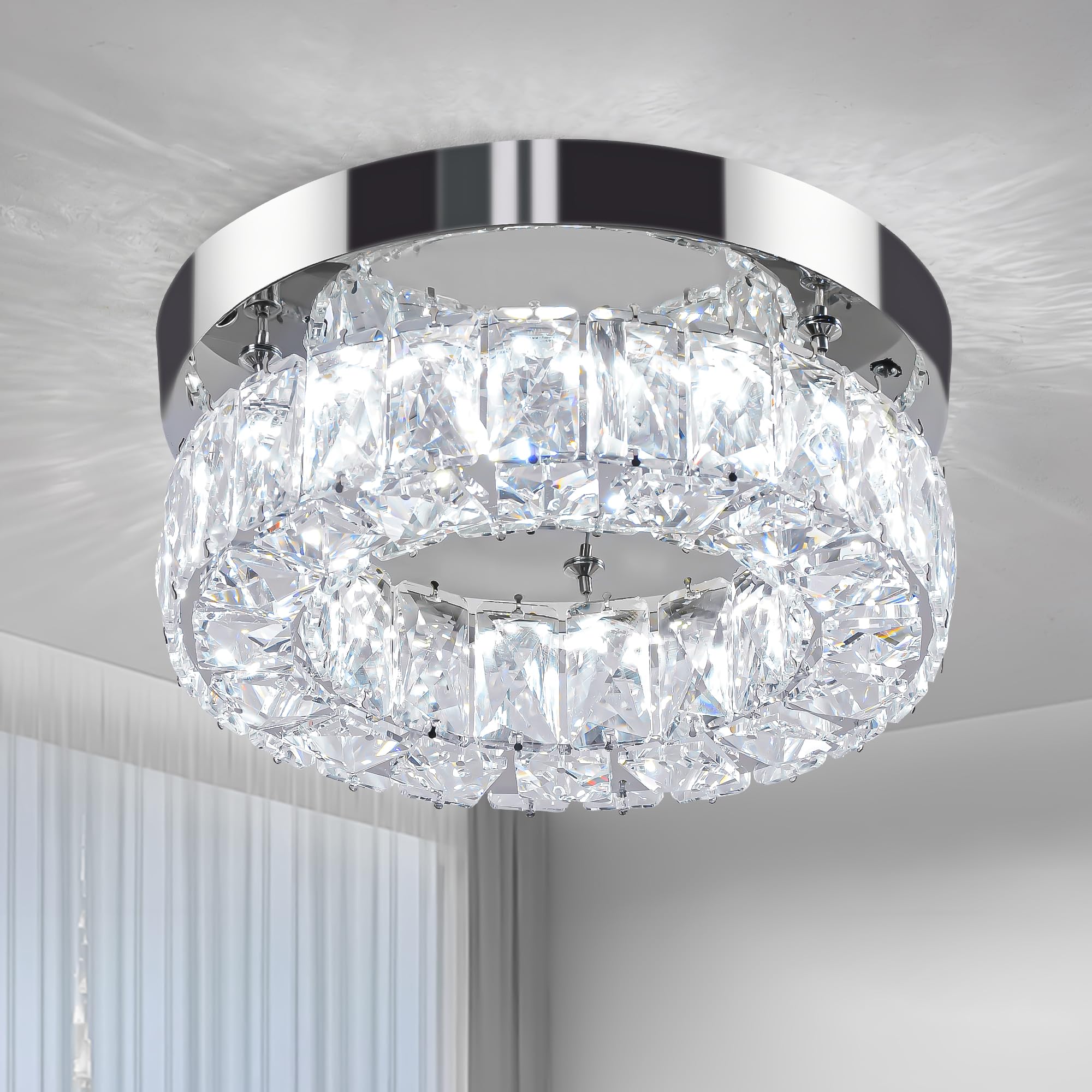 Brylokra 9.8 Inch Modern Crystal Chandelier Small Flush Mount Ceiling Light Fixture LED Crystal Ceiling Light for Bedroom Dining Living Room Hallway (6000K Cool White, Height Adjustable)