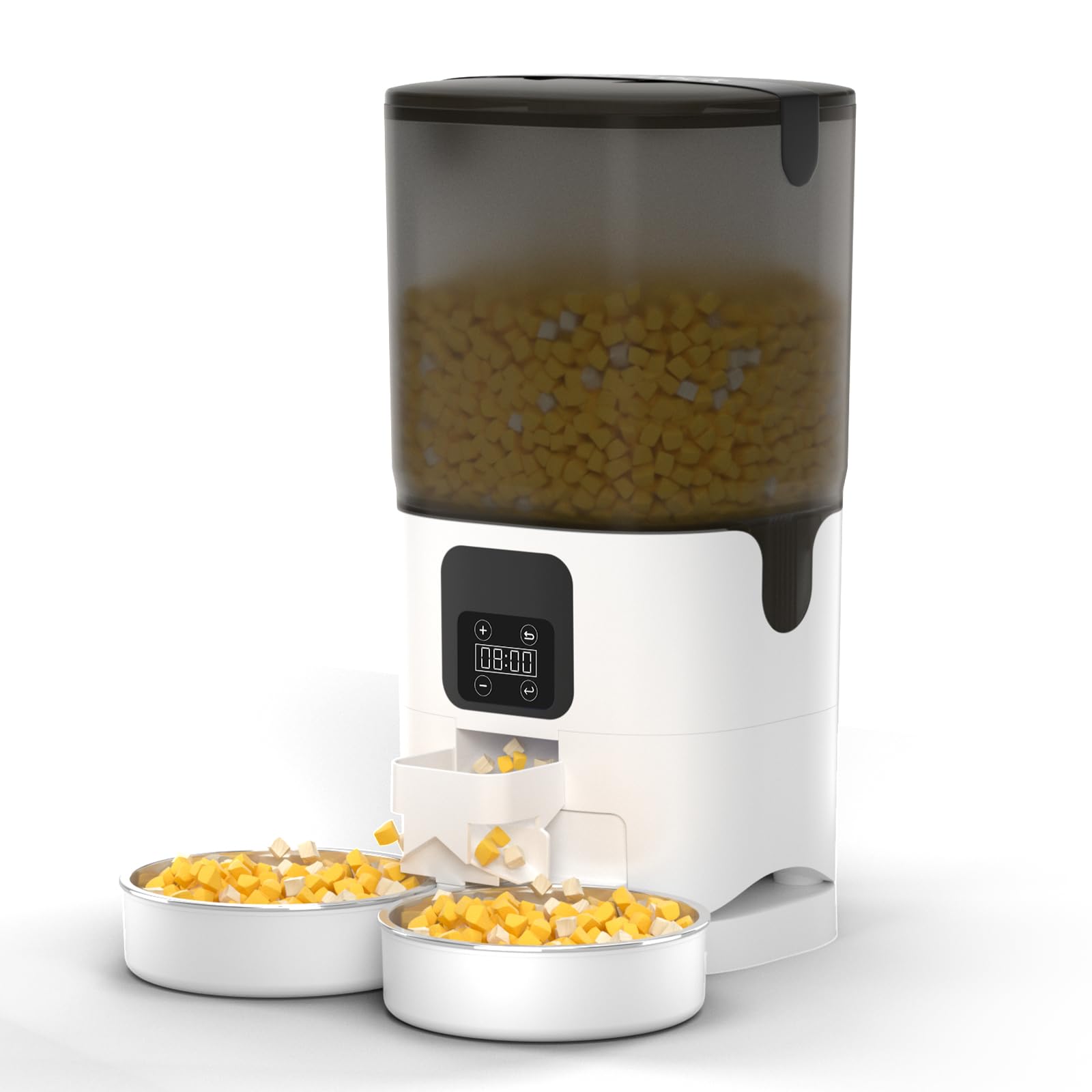 PAPIFEED 7L Automatic Cat Feeder for 2 Cats, 2-Way Splitter Timed Cat Dry Food Dispenser with 2 Bowls, Programmable Control 1-12 Meals, Dual Power Supply, Auto Pet Feeder for Multi-Pet