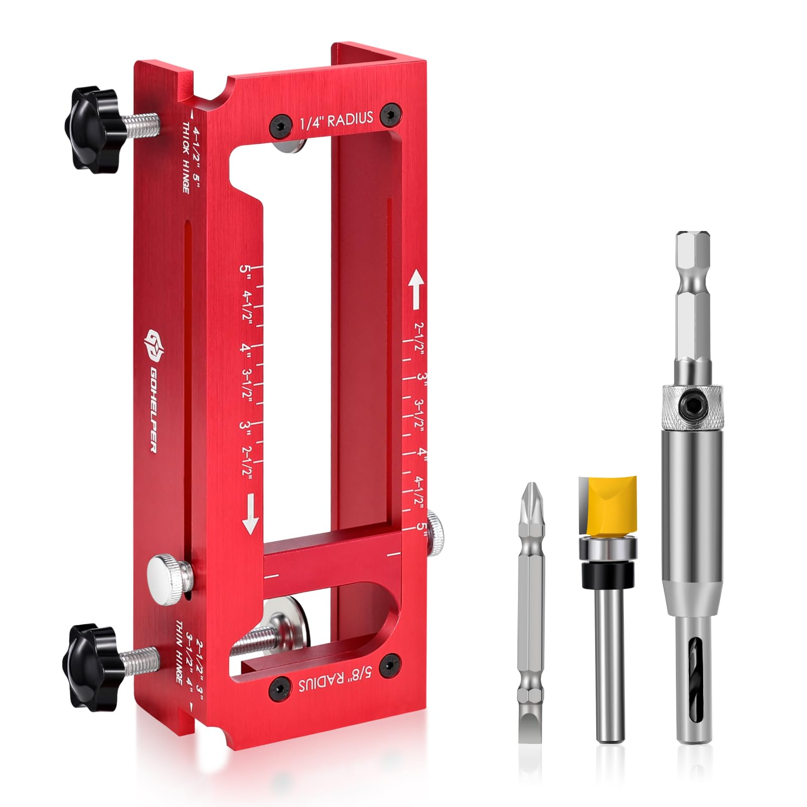 Door Hinge Jig, Aluminum Alloy Door Hinge Template Kit for Router, Adjustable Mortise Jig Fits Door Hinges from 2.5" to 5" Length and Thicknesses, 1/4" Radius, 5/8" Radius and Square Corner Types