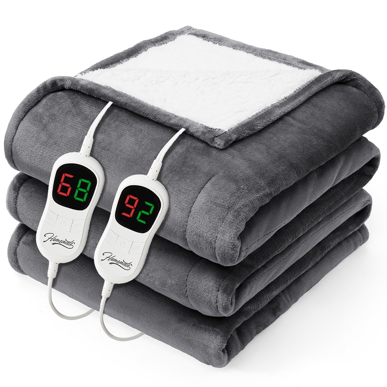 Homemate Heated Electric Blanket Queen Size - 84"x90" Heating Bed Blanket Throw with 10 Heating Levels 8 Hours Auto Off Fast Heating Over-Heat Protection Ultra Soft Flannel ETL Certified, Grey