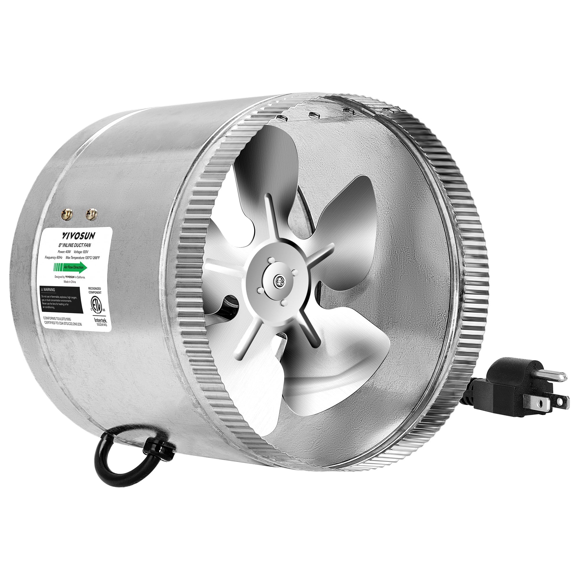 VIVOSUN 8 Inch Inline Duct Fan 420 CFM, HVAC Exhaust Ventilation Fan with Low Noise for Basements, Bathrooms, Kitchens and Attics, Silver
