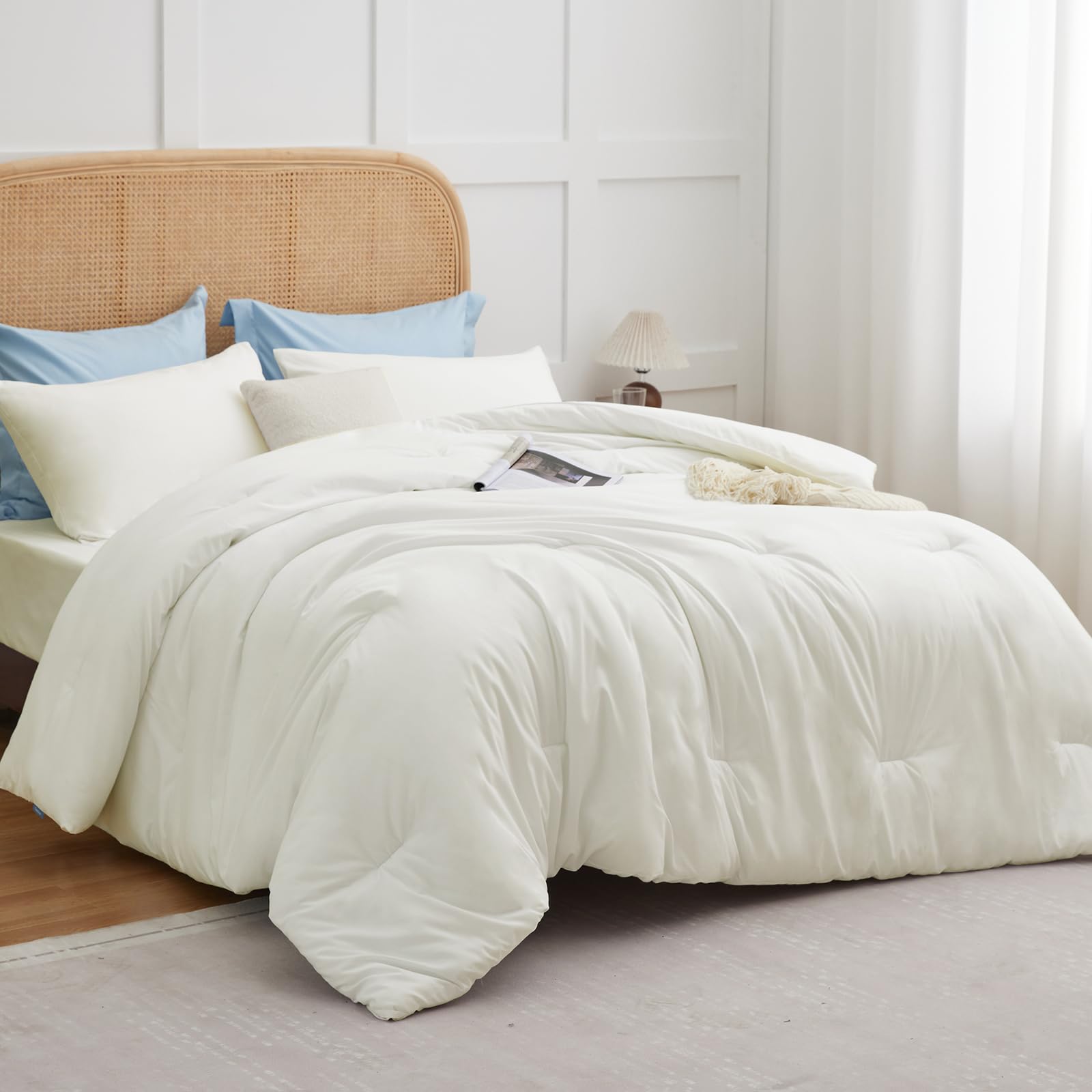 CozyLux Comforter Full Size Set Ivory, 3 Pieces Solid Soft Bed Set for Girls, Luxury Breathable Quilted Style Microfiber Down Alternative Bedding Sets All Season (1 Comforter & 2 Pillowcases)