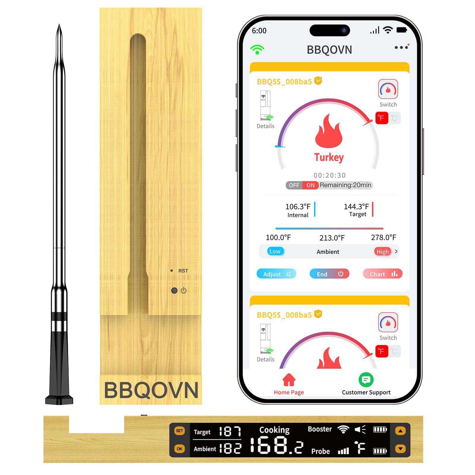 BBQOVN WiFi Sub-1G Wireless Meat Thermometer Unlimited Range, Check Temp Anywhere,7 NIST Certified Sensors with Ambient Temp, Monitor for BBQ, Grill, Oven, Smoker, Air Fryer (Black)