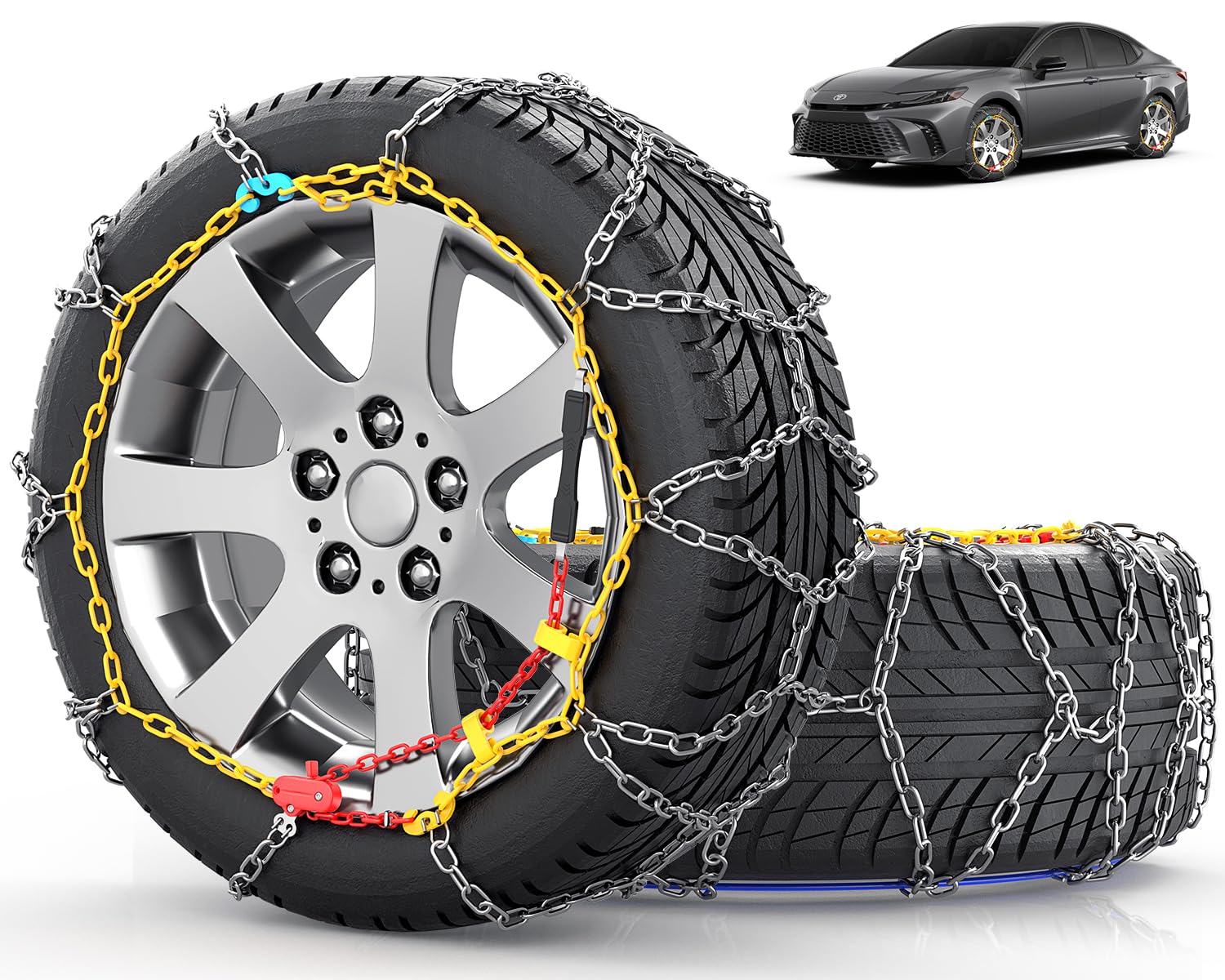 Snow-Chains Easy Install Tire-Chains, One-Pull Fit Design Tire Snow Chains for Passenger Cars, Sedan, SUVs, Emergency Winter Tire Traction Car Tires 235 245 255 275 - Set of 2 (KN140)