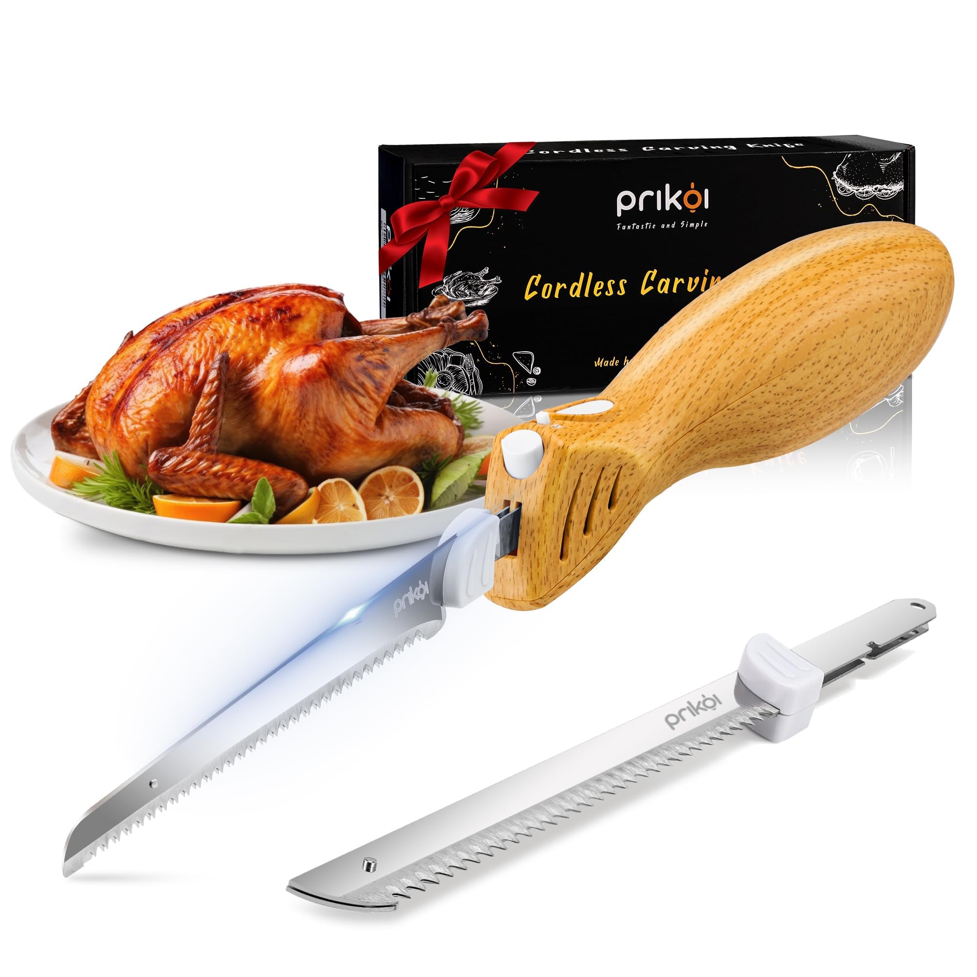 Prikoi Cordless Electric Knife, Carving Knife Set, Easy-Slice Serrated Edge Blades for Meat, Turkey, Bread, Fillet, DIY, Ergonomic Handle + 2 Blades (New Upgrade)