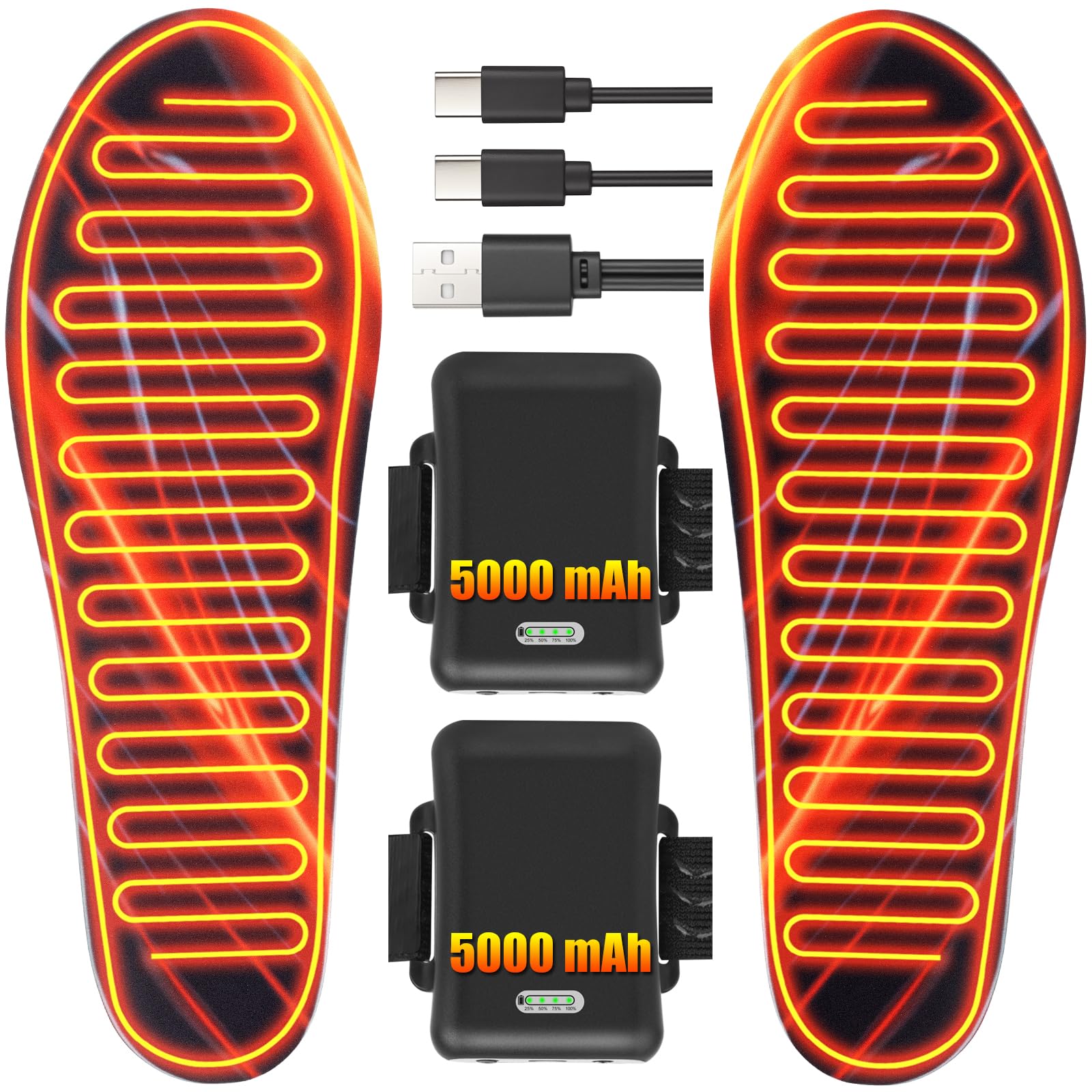 Heated Insoles Rechargeable, Heated Insoles with 5000 mAh Battery, Foot Warmers with 4 Heating Levels, for Men and Women, Skiing, Hunting, Outdoor Winter Use, Washable and Trimmable (L* 8.5.13)