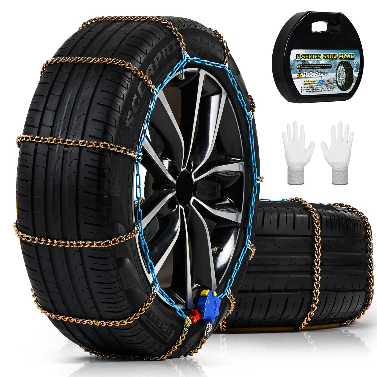 Auto Tightening Snow Chains for Cars, SUVs & Pickup Trucks – 1-Min Quick-Fit Auto Installation, Reusable Universal Emergency Traction Tire Chains – Set of 2?ALN130?