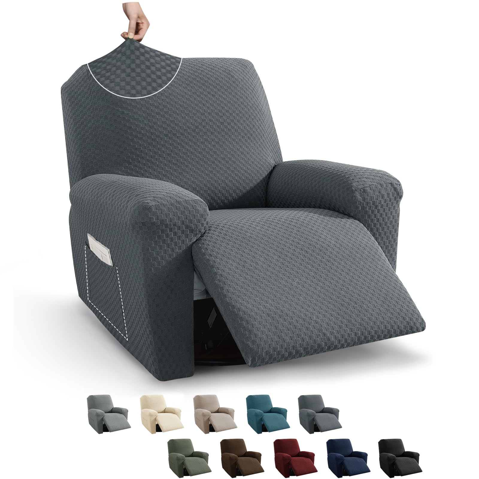 MAXIJIN Recliner Cover Slipcovers for Living Room 4 Pieces Stretch Jacquard Recliner Chair Cover Soft Fitted Recliner Protector with Elastic Bottom for Kids, Pets (Recliner, Dark Gray)