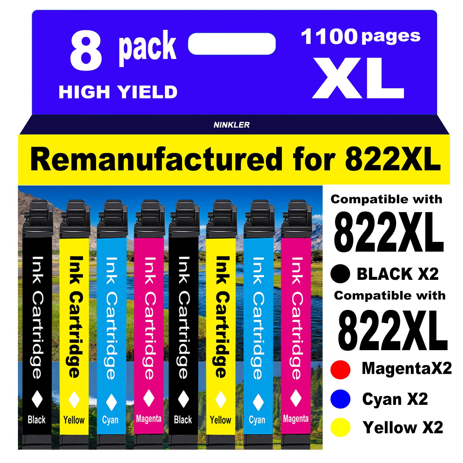 NINKLER for 822XL Remanufactured for Epson 822XL Ink Cartridges for 822 XL T822 Workforce Pro WF-3820 WF-3823 WF-4820 WF-4830 WF-4833 WF-4834 Printer 8 Pack 2 Black 2 Cyan 2 Magenta 2 Yellow