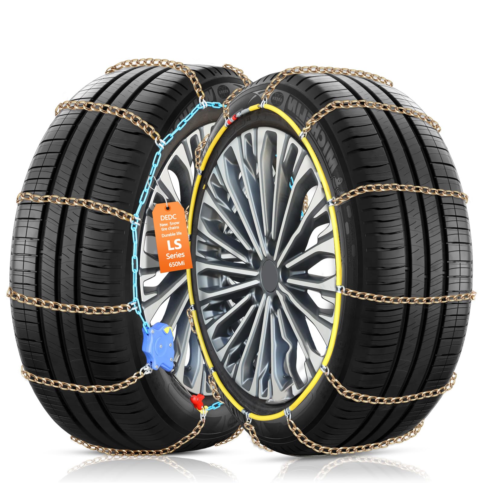 DEDC Auto Lock Snow Tire Chains, 50s Quick Easy, Enhanced Manganese Steel Alloy Endurance Life 650 Mi, Icy and Snowy Road Tire Traction for Car SUV 235 245 255 265 275 Set of 2 (LS1521)