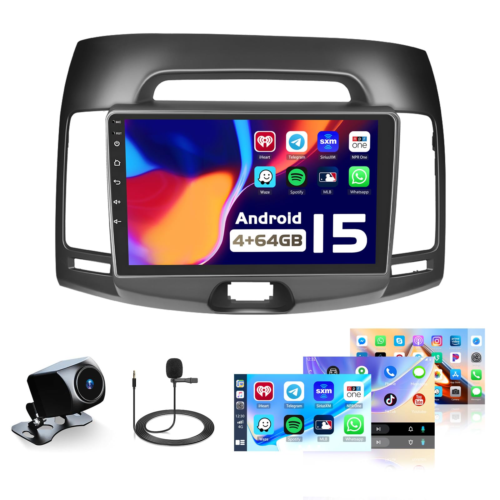 Android 15 Car Radio for Hyundai Elantra 2007 2008 2009 2010, 9 inch Capacitive HD Touch Screen for Elantra Head Unit with Carplay Android Auto 5G WiFi GPS Bluetooth 5.0 1280 * 720 4+64G