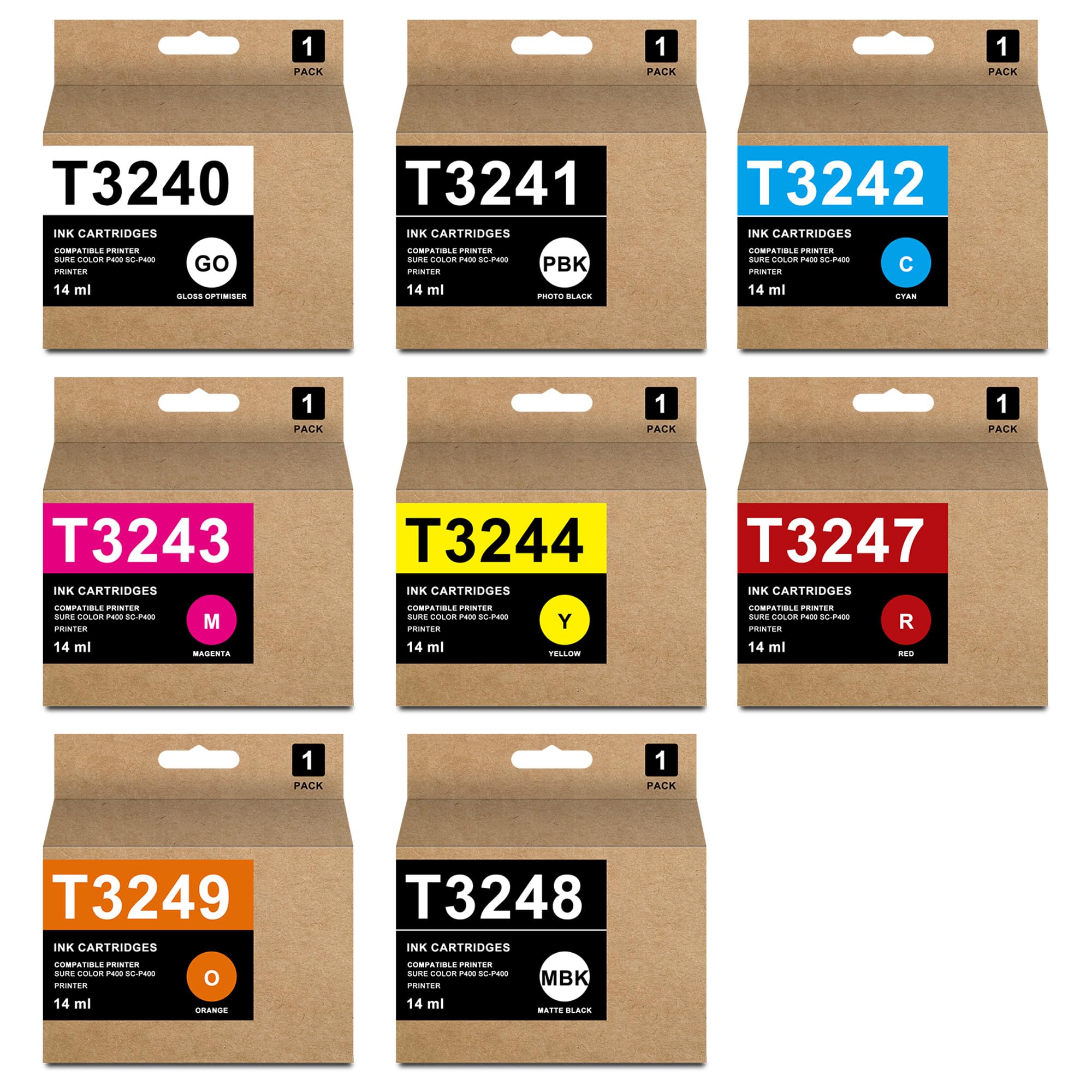 Remanufactured T324 Ink Cartridge T3240 T3241 T3242 T3243 T3244 T3247 T3248 T3249 Replacement for SureColor P400 Printer (8-Pack, GO/PB/C/M/Y/R/MB/O)