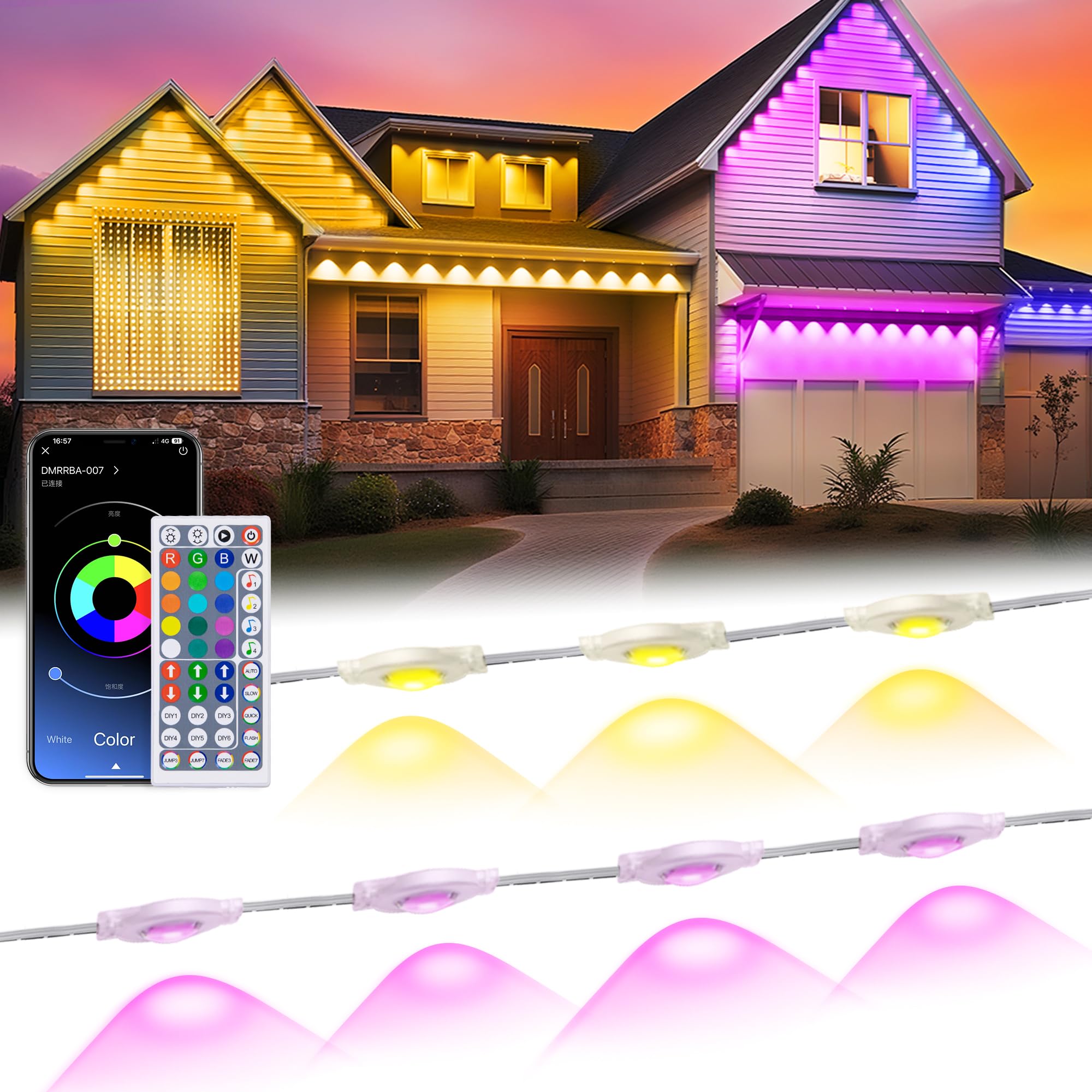 MuliVid 200Ft Permanent Outdoor Lights for House, RGB Halloween House Light Outdoor with Remote APP Control,IP67 Waterproof for Outside Decorations?Eaves Lights for Christmas, Holiday, Party, Daily