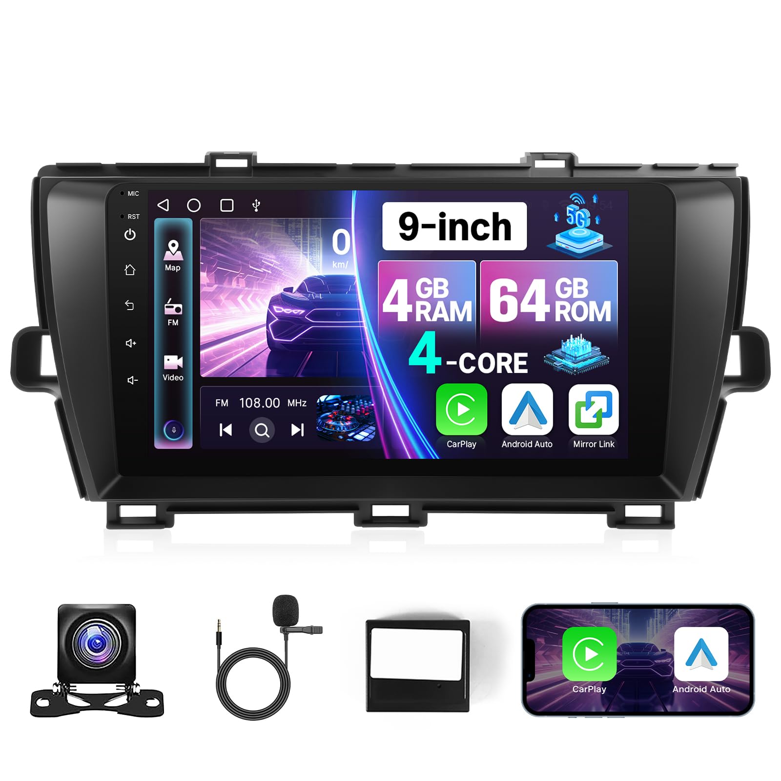 KuTaiTai 4+64GB Android 13 Car Stereo for Toyota Prius 2010-2015 (for J.B.L Version) with Carplay Android Auto, 9" IPS Touchscreen Head Unit for Prius Radio with BT GPS WiFi + MIC + Camera + CANBUS