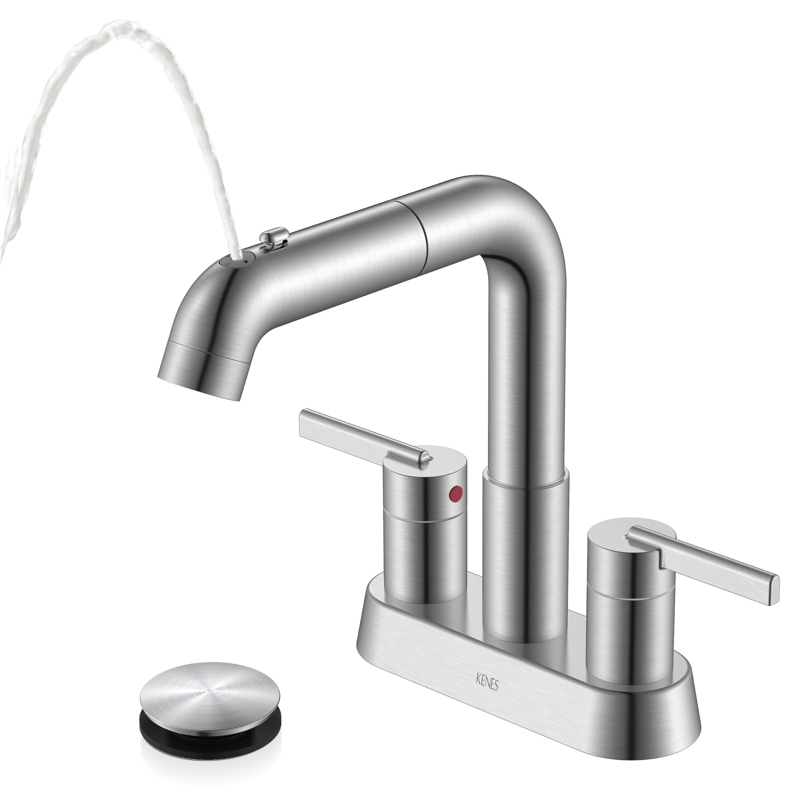 KENES Pull Down Bathroom Faucet with Sprayer, Brushed Nickel 4 Inch 2 Handle Centerset Bathroom Faucets 3 Hole with Pull Out Sprayer, Vanity Faucet with Pop Up Drain & Supply Lines LJ-9059A