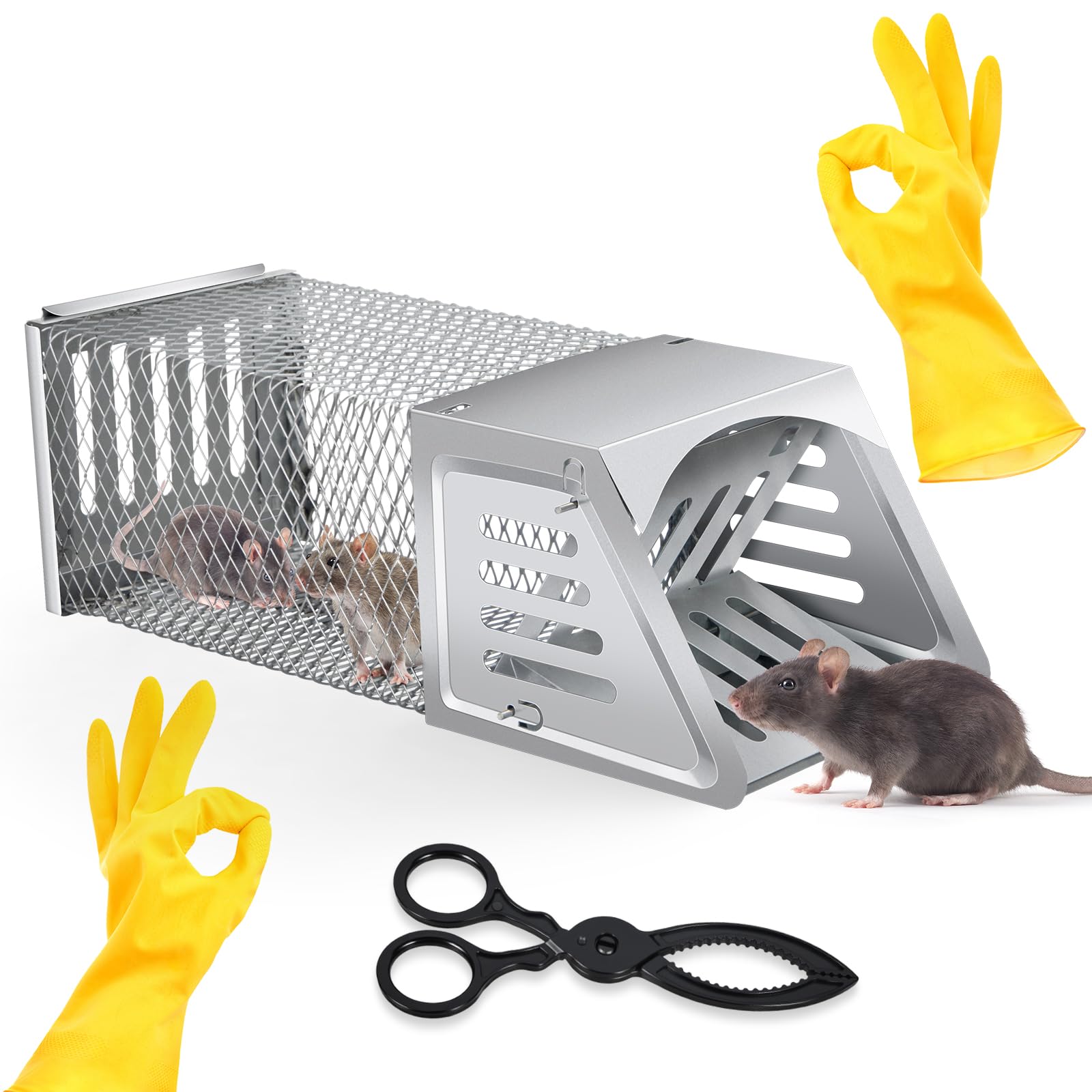 2025 Humane Rat Trap Outdoor Rodent Traps Humane Mouse Trapss Indoor Squirrel Trap,Sensitive Pedal Trigger,Metal Rat Live Animal Traps for Voles,Chipmunk,Rodents,Mice,Moles (Include Gloves&Clamps)