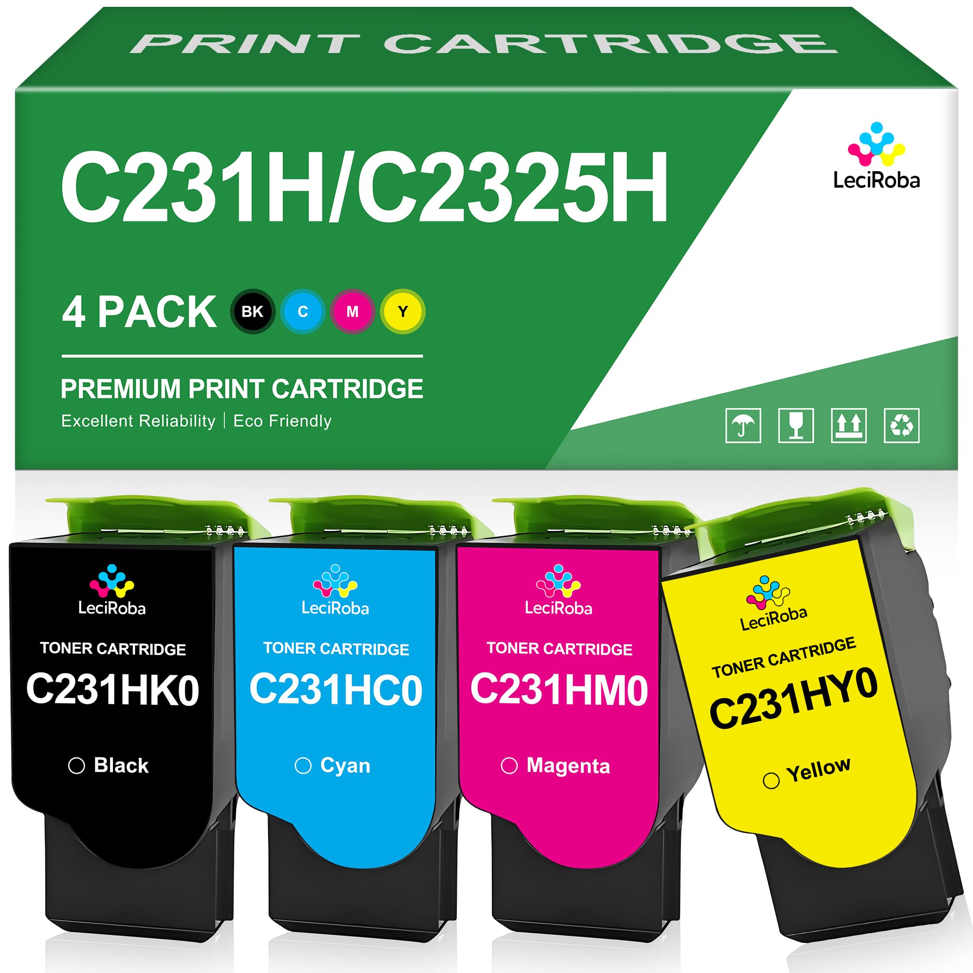 LeciRoba C231H C231HK0 C231HC0 C231HM0 C231HY0 High Yield Toner Cartridge for Lexmark C2325 C2325dw MC2325adw C2535 C2535dw MC2535adwe C2425 C2425dw MC2425adw C2640 MC2640adwe Printer (4-Pack)