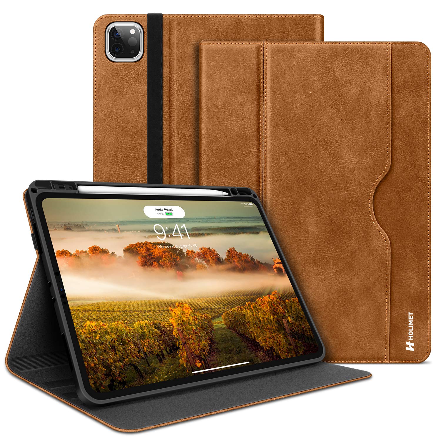 H HOLIMET Case for iPad Pro 11 inch 2022 4th/3rd/2nd/1st Generation 2021/2020/2018 with Pencil Holder PU Leather Protective with Pocket Soft TPU Back Shockproof