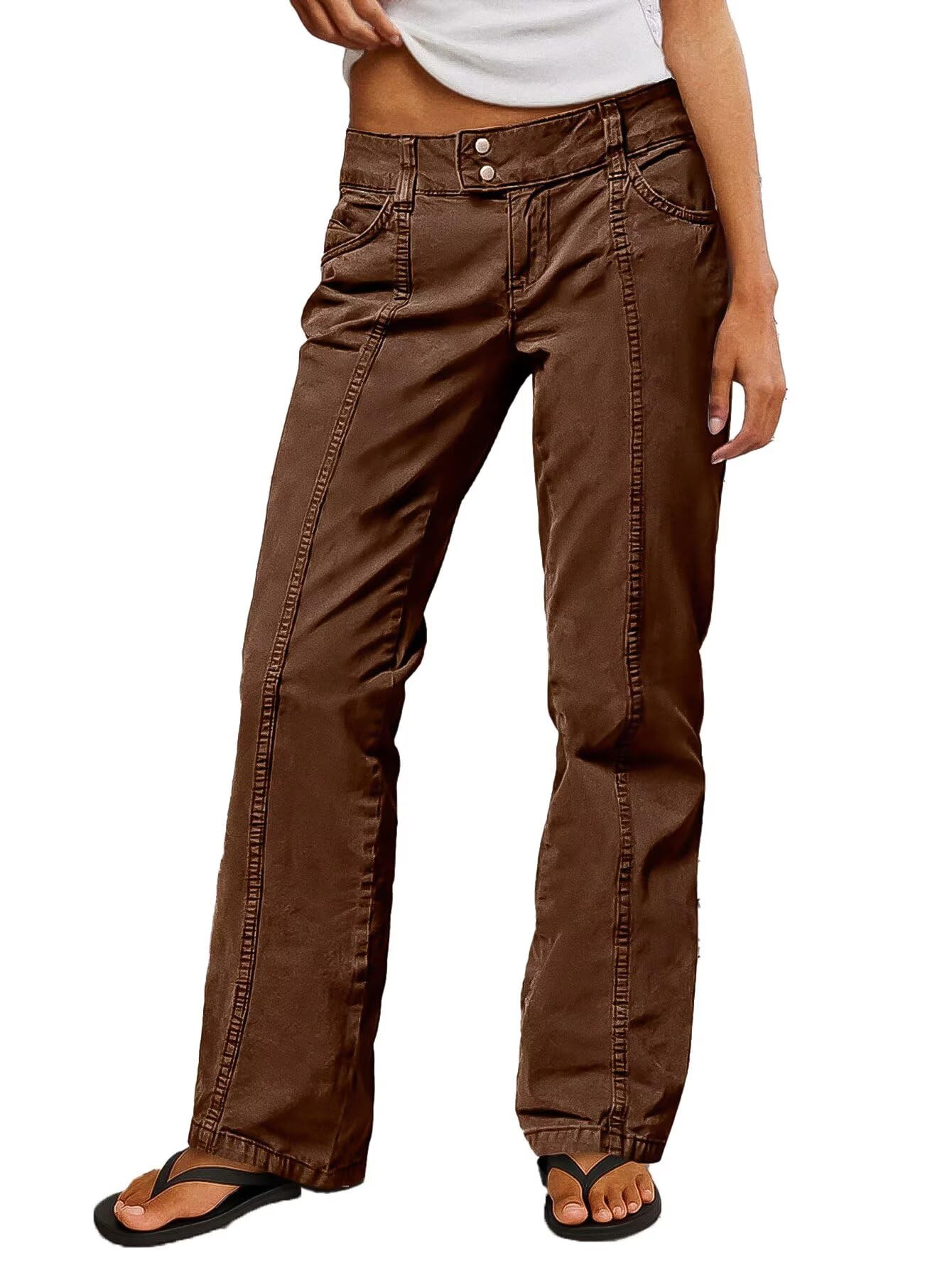 Flamingals Straight Leg Cargo Pants for Women Mid Rise Stretchy Seam Front Business Casual Dress Pants Brown XS