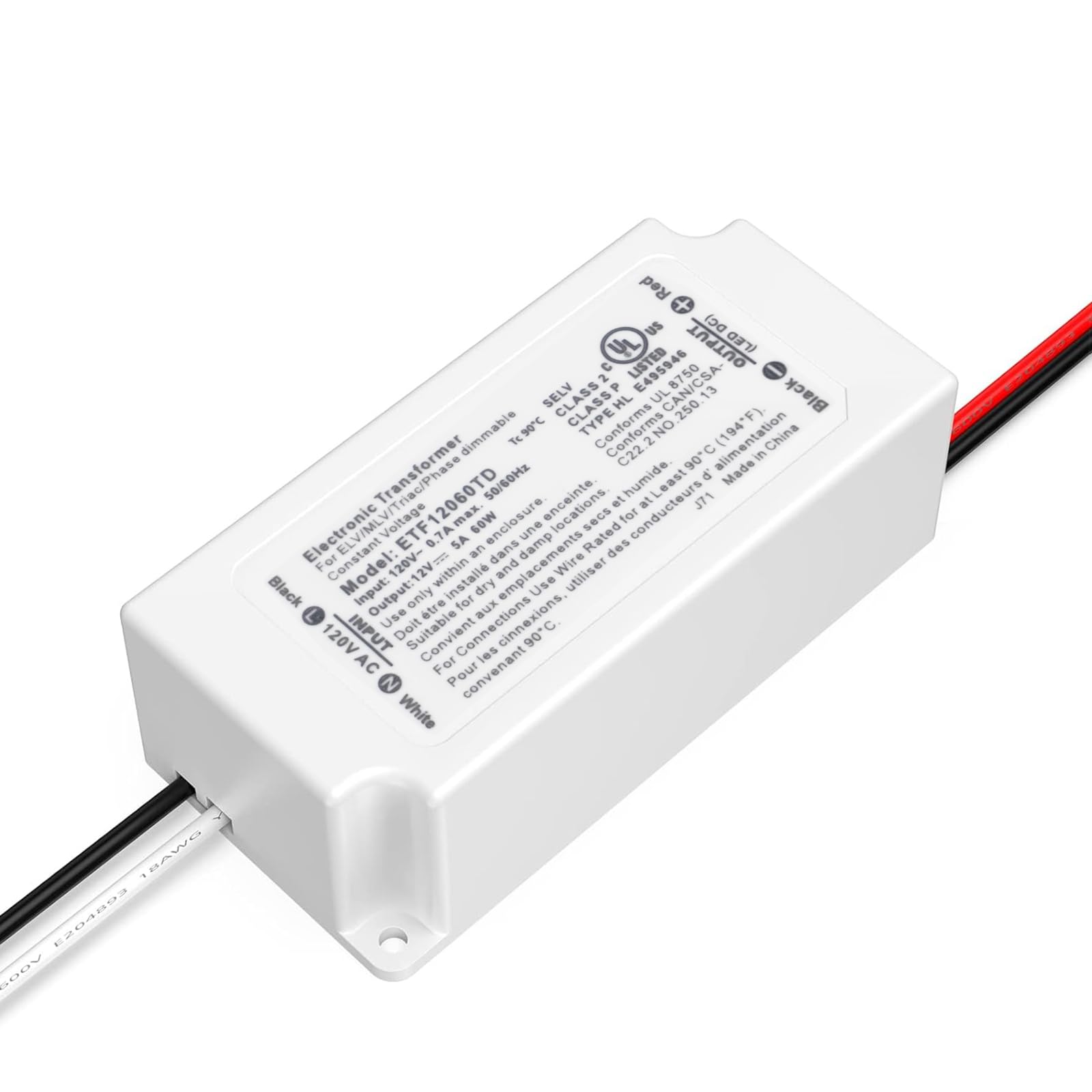 Led Driver 60W Triac Dimmable, Power Supply, AC100-130V to DC12V Transformer,Compatible with Most Dimmers for LED Lighting,UL,Class 2,Class P Certified