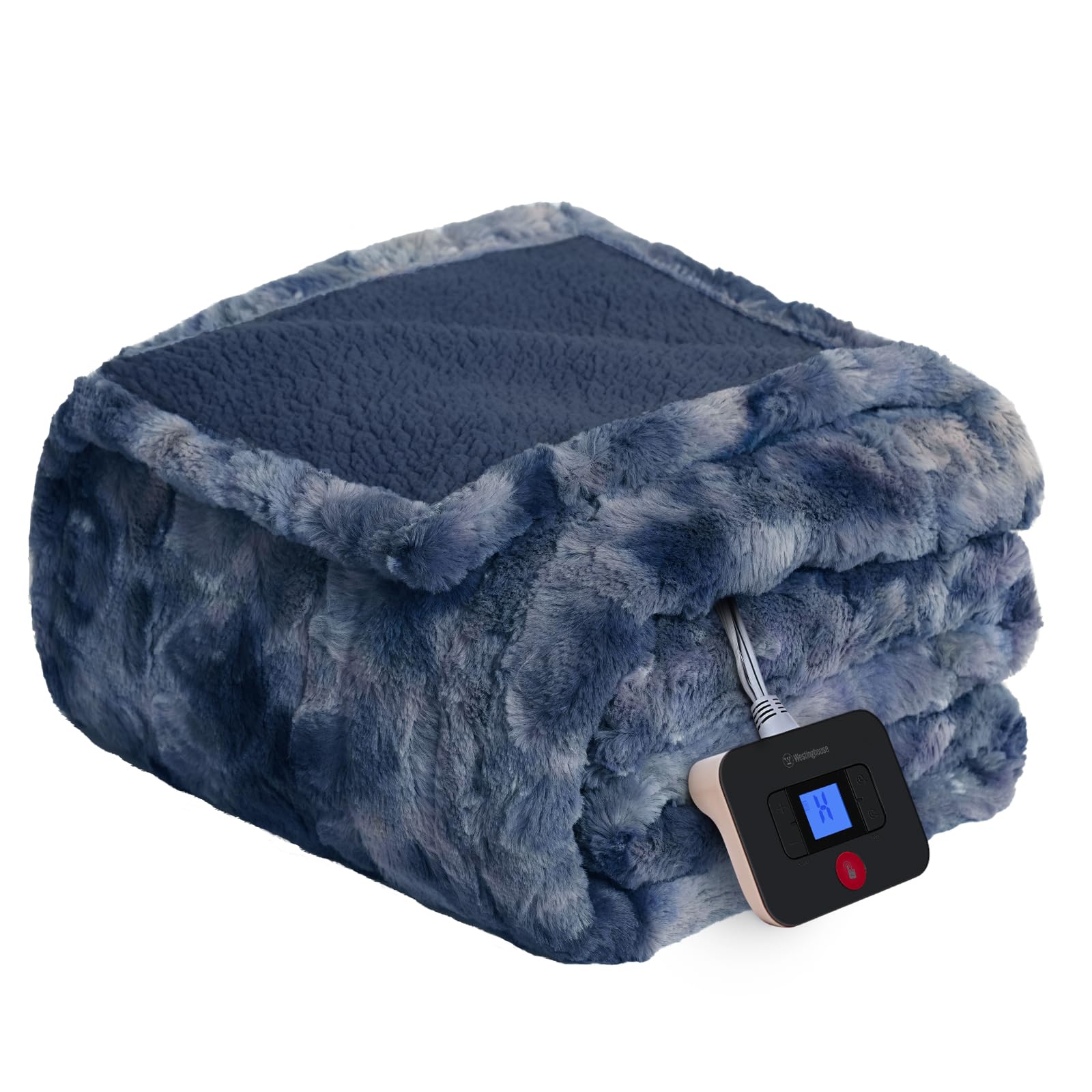 Westinghouse Electric Blanket Twin, Faux Fur Heated Blanket with 10 Heating Levels & 1-12 Hours Auto Off, Soft Cozy Sherpa Heated Blanket Washable Blanket (62" x 84" Twin Size, Indigo)
