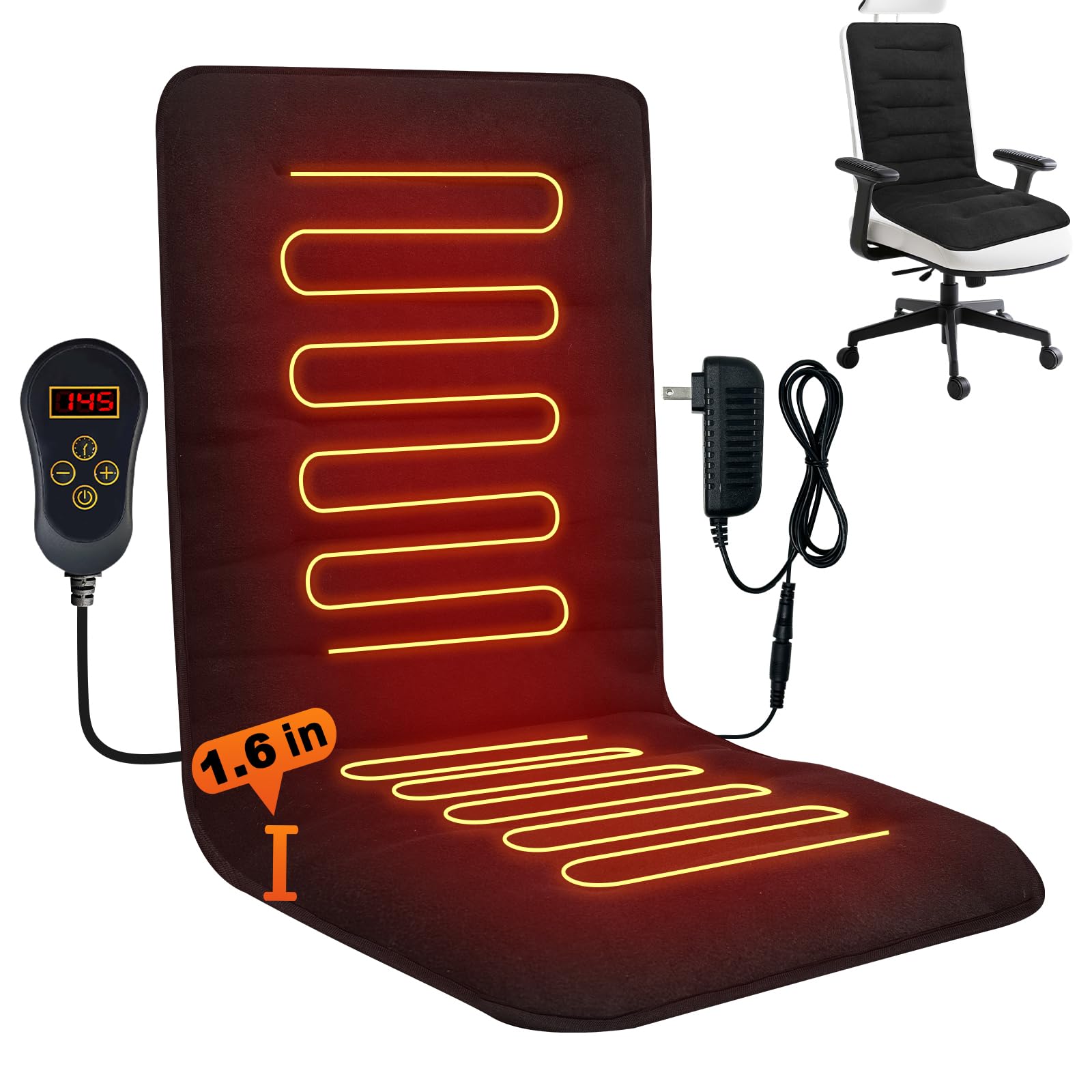 HotCalyto Heated Seat Cushion for Office - 12V Chair Heating Pad - Thick Seat Warmer wiht 7 Temp Levels & 12H Timer- Fast Heated Cover for Back,Hips Etc.Gift Packaging?Black?