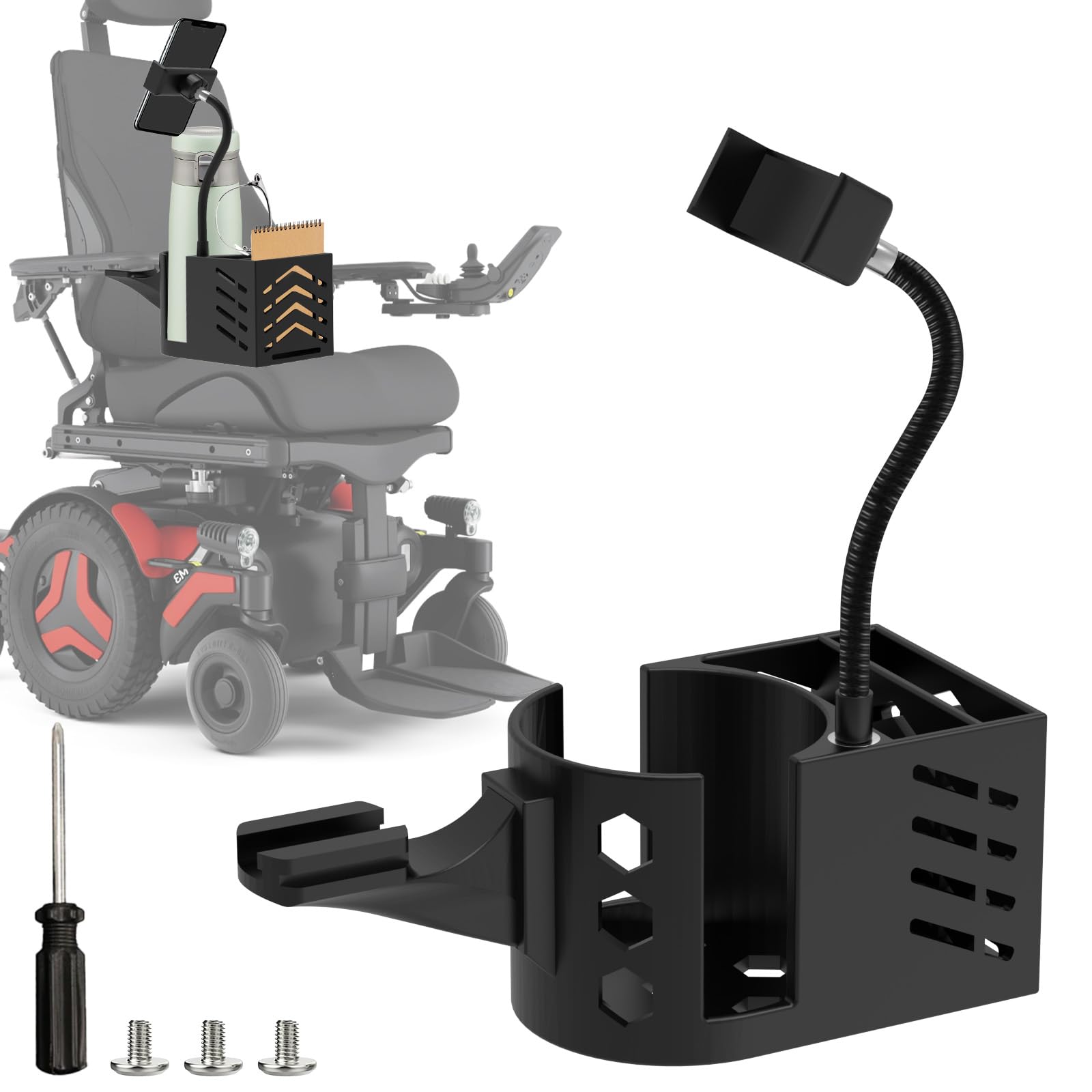 GFYYBKJ Cup Holder for Permobil Power Wheel Chair, Compatible with Permobil Wheelchair with Uni-Track Armrest Such as M300, M3, M1, F3, F5, K300 Ps, 3 in 1 Cup Holder, Phone Holder & Storage Basket