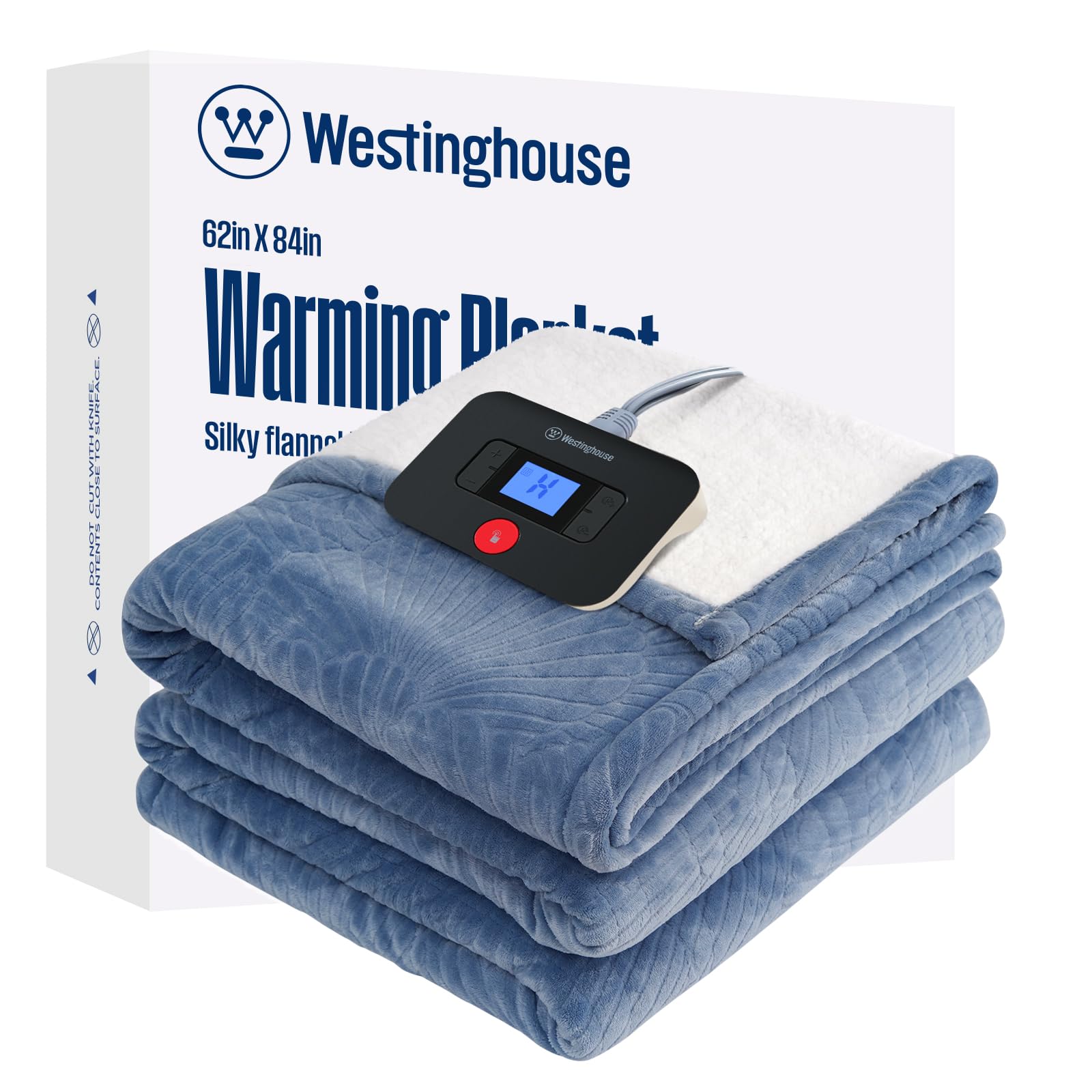 Westinghouse Electric Blanket Twin, Flower Jacquard Heated Blanket Twin Size with 10 Heating Levels and 1-12 Hours Auto-Off, Flannel to Sherpa Reversible, Machine Washable (62" x 84", Blue)