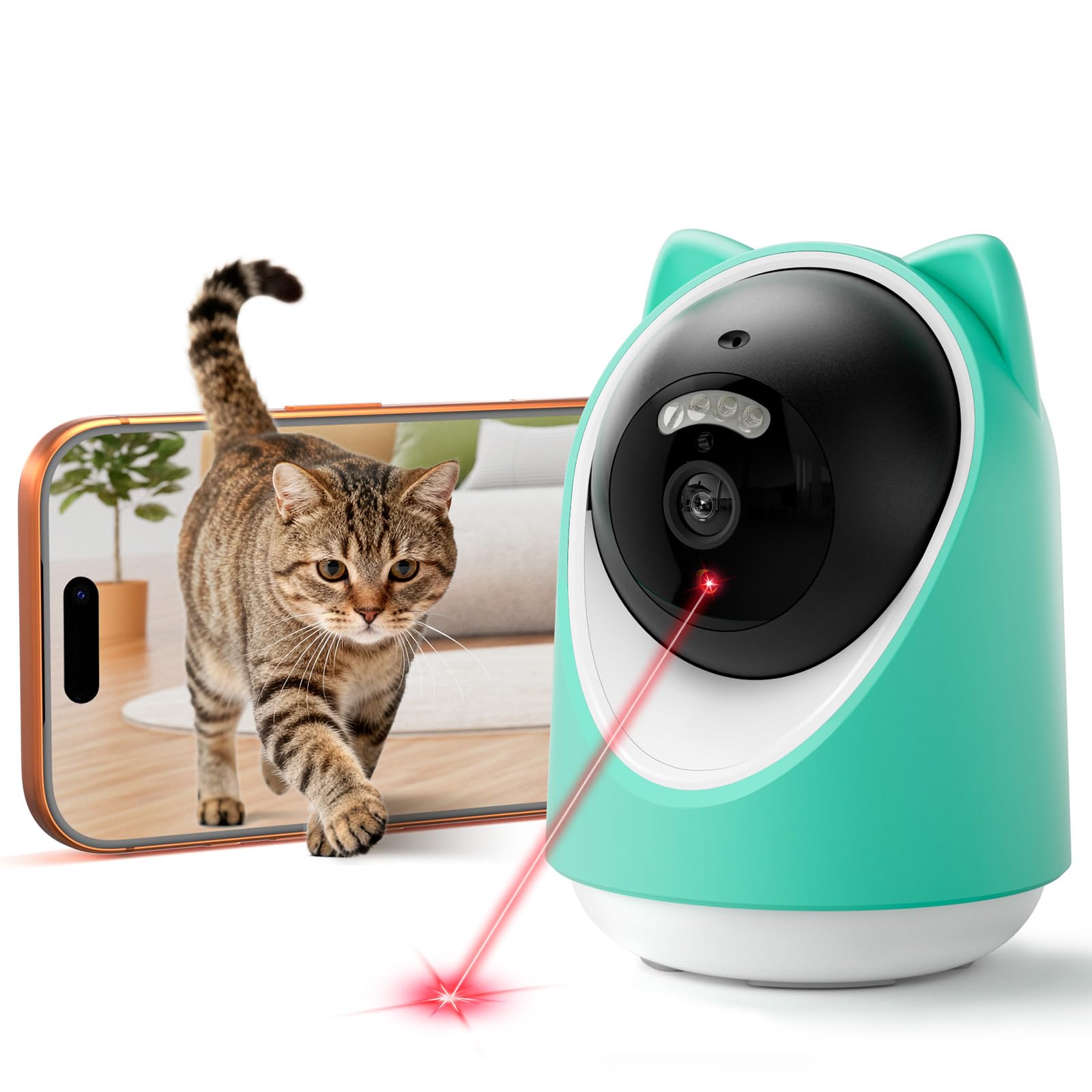 ASFSKY Pet Camera 2K Indoor Cat Camera Auto-Tracking for Cats, Cat Laser, Motion Detection Alerts, Night Vision, 2-Way Audio of pet Monitor, Cat Dog Home Security Camera with Phone App ?Light Green?