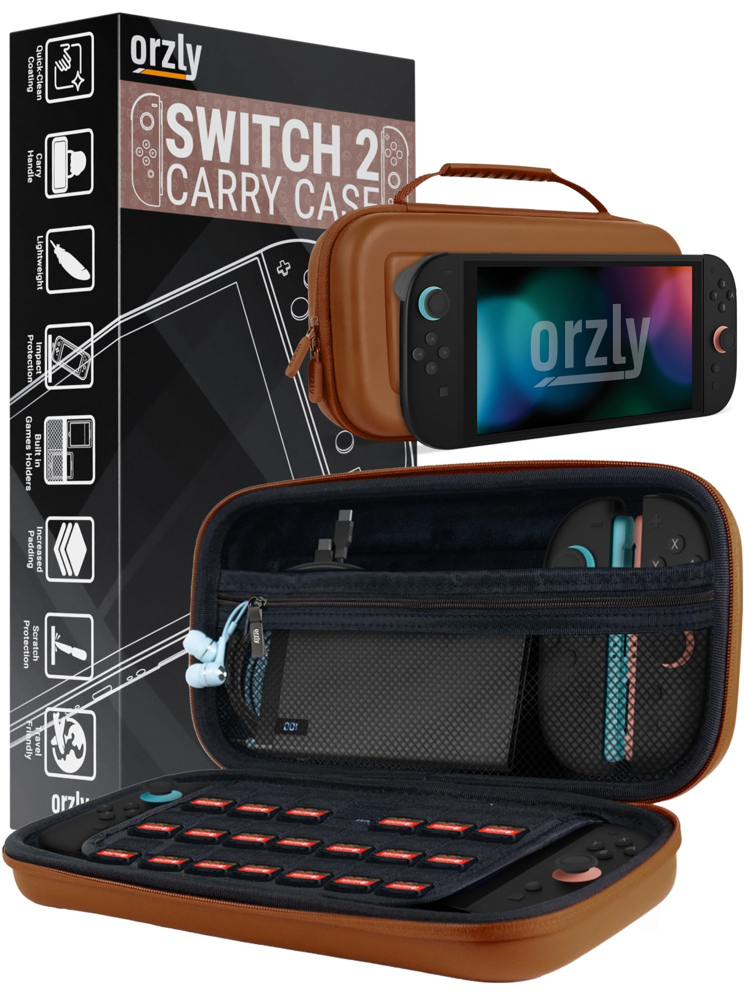 Orzly Case Compatible with Nintendo Switch 2 – Protective Travel Carry Case with Screen Padding, Game Card & microSD Slots, Zipped & Open Pockets for Accessories – 7.9" Gift Boxed