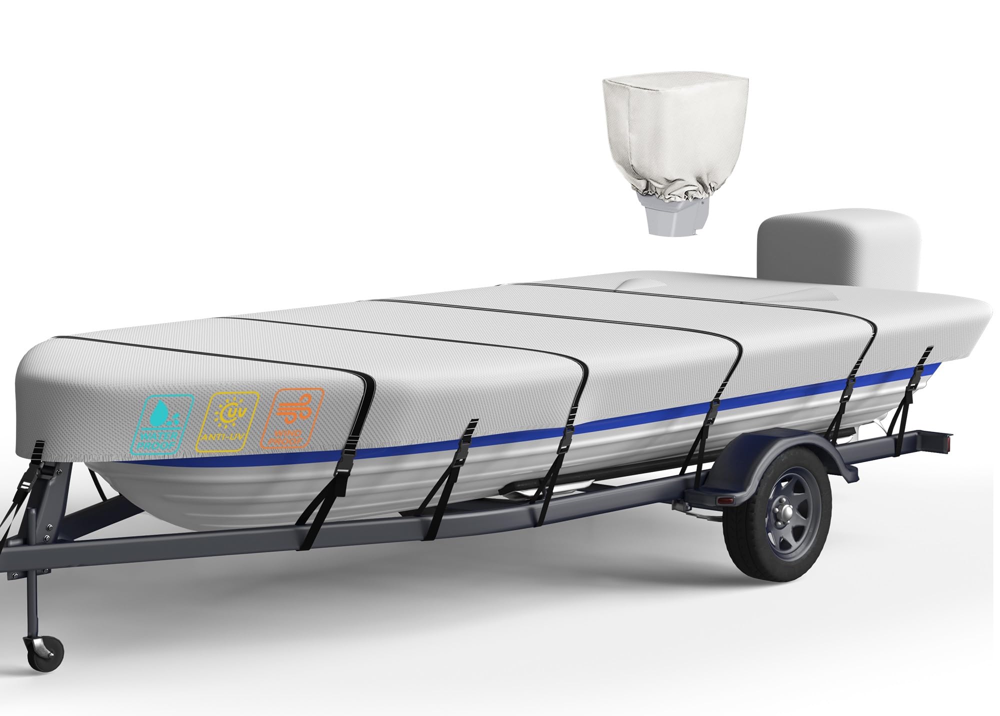 Heavy Duty 5 Layers 1200D Jon Boat Cover 14ft - 16ft with Motor Cover, 100% Waterproof Trailerable Jon Boat Covers 14-16 Foot with 9+4 Pcs Windproof Straps