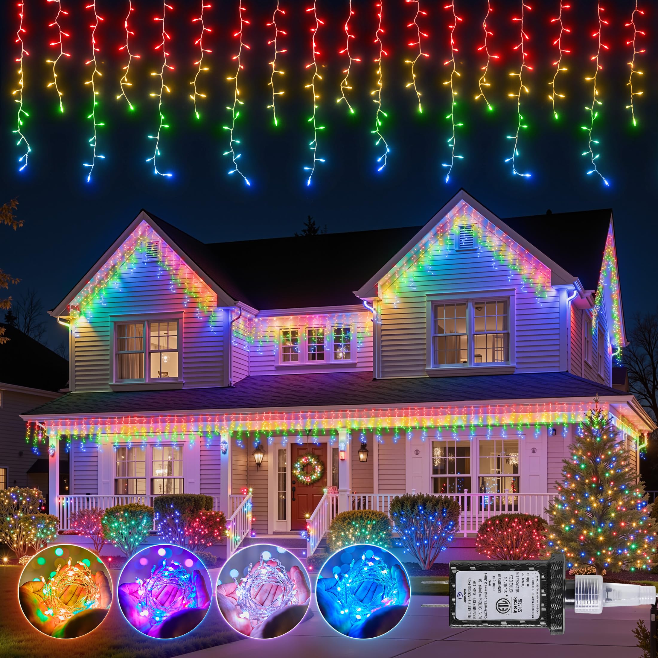 2025 New Upgraded Colorful Twinkling Icicle Lights for Outside - 33 ft 420LED Christmas Lights Outdoor - Waterproof Icicle for House Roof Garden Deck Balcony Porch Pathway Party Holiday Indoor