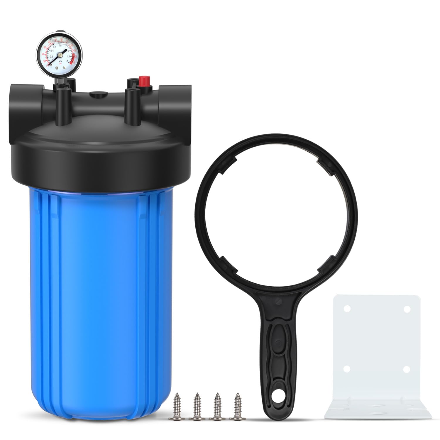 PUREPLUS Whole House Water Filter Housing, 10"x4.5" Sediment Cartridge Universal Housing, Pre-Filtration System, with Pressure Gauge, 1" NPT Port