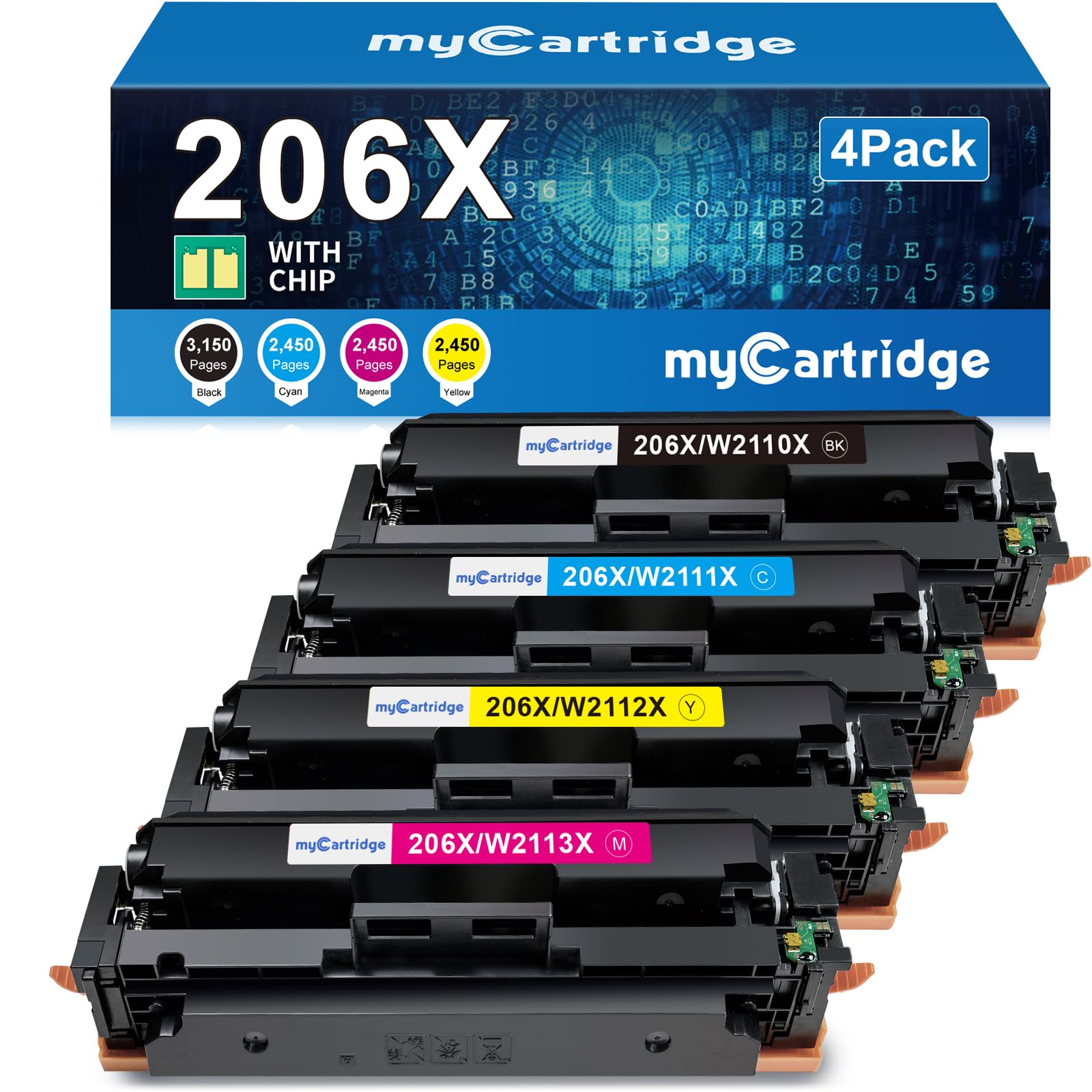 206X Toner Cartridges 4 Pack High Yield (with Chip) Compatible Replacement for HP 206X 206A for Color Laserjet Pro MFP M283fdw M283cdw M283fdn M282nw Pro M255dw M255nw M283 M255 Printer W2110X W2110A