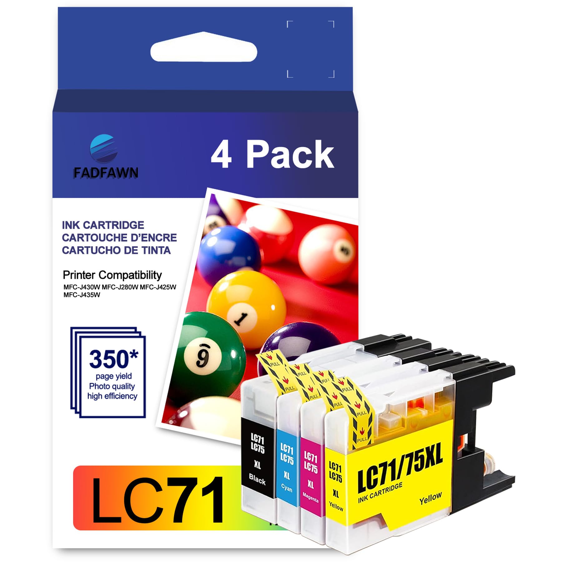 FADFAWN LC71 Ink Cartridge Set Replacement for Brother LC71 LC75 LC79 XL Ink Cartridges MFC-J430W MFC-J280W MFC-J425W MFC-J435W Printer (Black, Cyan, Magenta, Yellow, 4 Pack)