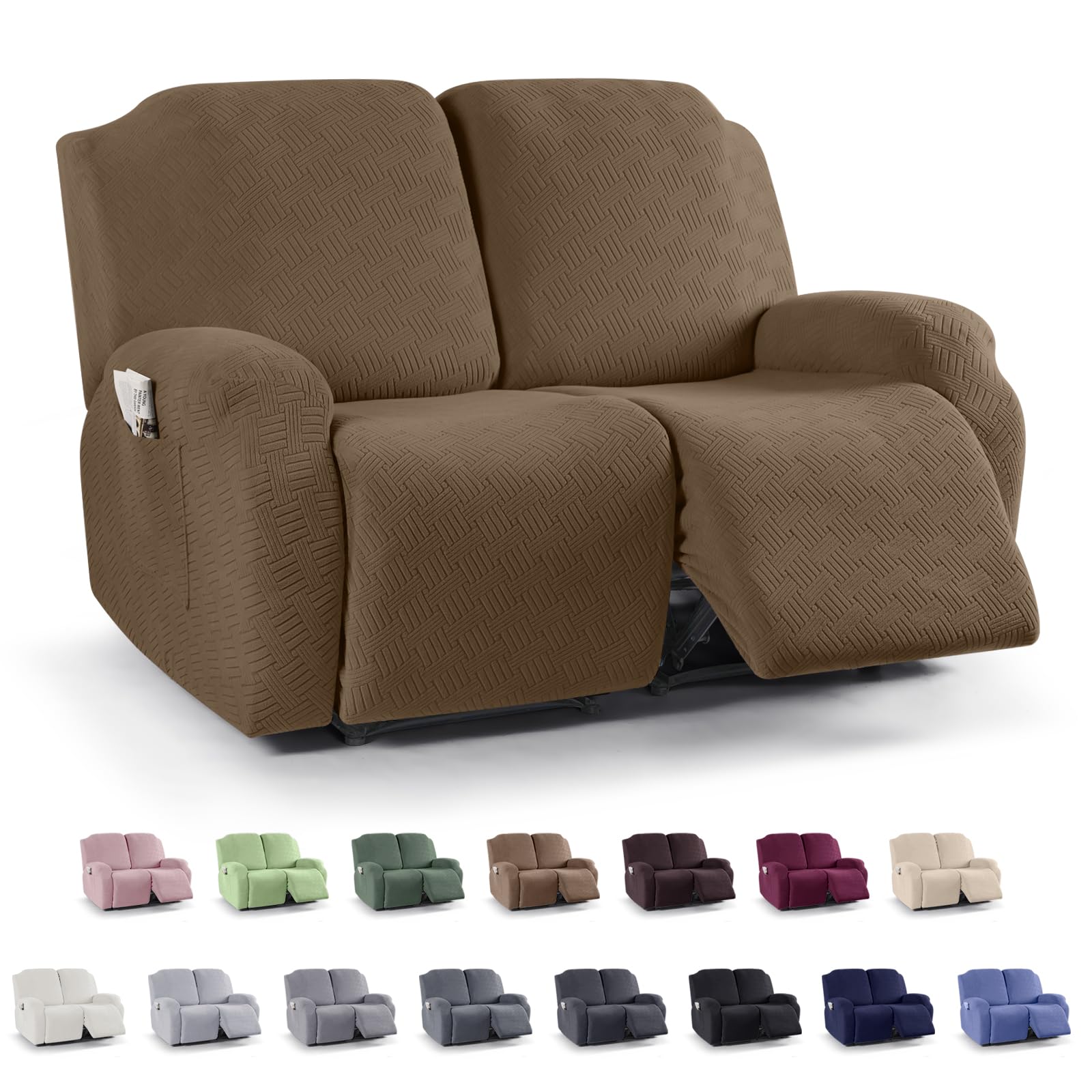 KinCam Recliner Covers, Stretch Reclining Chair Covers, Recliner Sofa Slipcovers Stripe Jacquard Recliner Couch Covers Furniture Protector Covers for Pet Kid (2 Seater, Brown)
